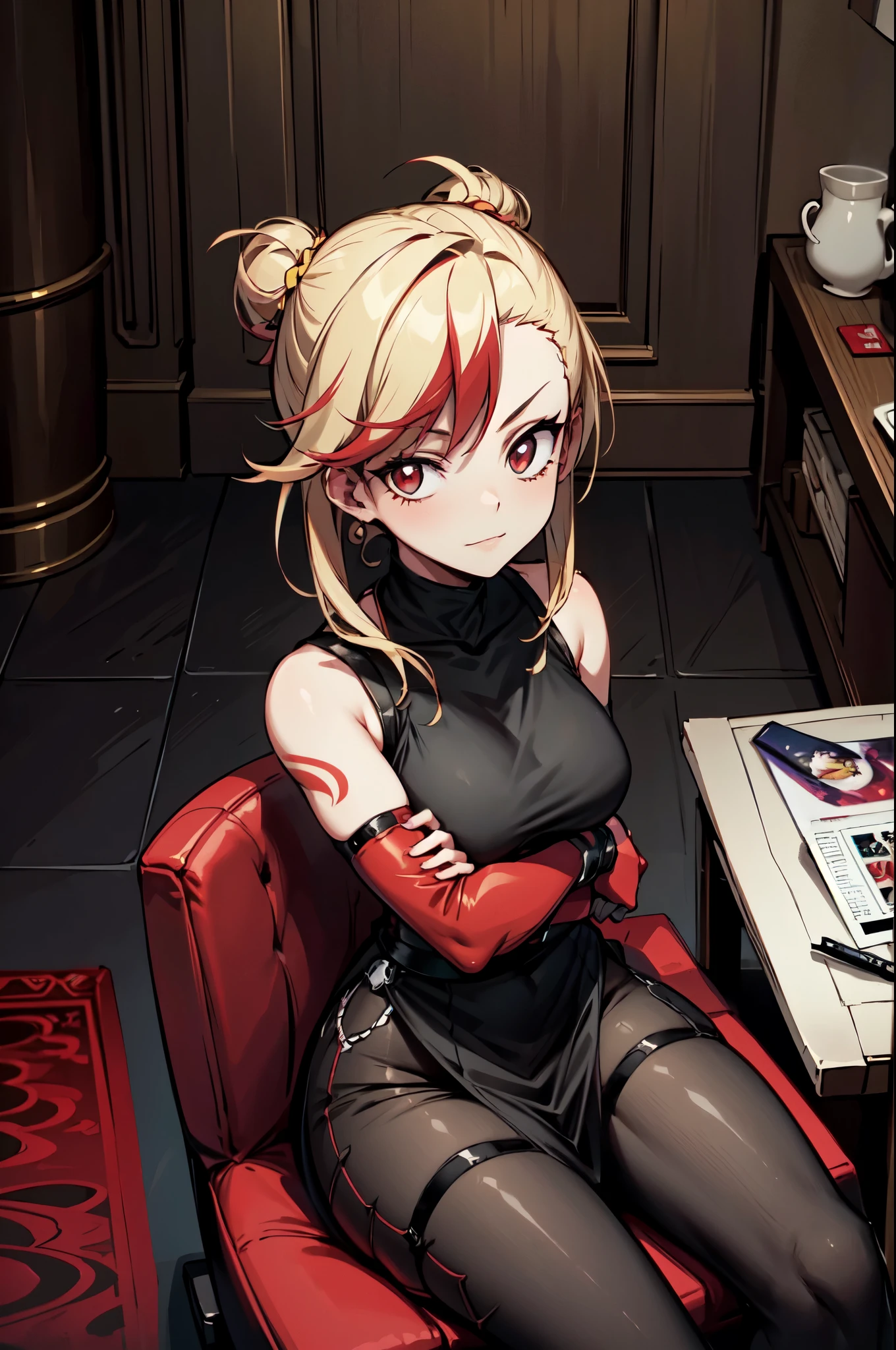 (masterpiece, best quality:1.2), red glowing eyes, red eyes, the eyes are red, perfect face, strong make up, highres, 1 girl, ultra long ponytail, (female:1.5), strife, blonde hair streaked with lots of red highlights, two colors hair (blond and red), hight flame mistress outfit, shoulder armor, sleeveless turtleneck, suspenders, belt, gloves, bracer pre potent smile, crossing legs, crossing arms , evil smile, evil pose, sitting, portrait, looking at viewer, Her hair is streaked with lots red and blonde highlights, moon tribal tattoo.