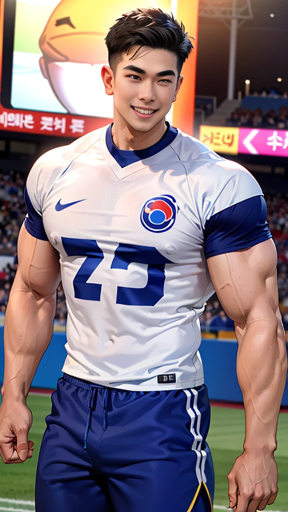 1 man, smile, (wearing white clothes, round neck, short sleeve football shirt.), Navy cargo pants, Korean guy , korean men, (High gloss details), chest muscles, Big arm muscles, blood vessel, big muscles, Broad shoulders, looking at the audience, Balancing the eyes, (Make eye contact), sports stadium, football