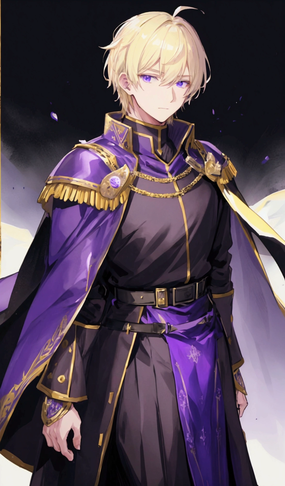 Light blonde、Black medieval military uniform、male、Bright Face、Purple themed cape
