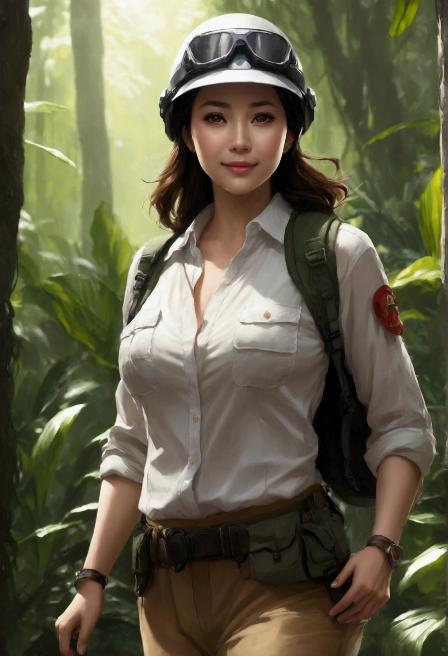RAW, Best quality, high resolution, masterpiece: 1.3), Elegant MILF on Jungle Adventure (iu:0.8), Best quality, high resolution, Masterpiece: 1.3, Alluring Mature Woman, Masterpiece, Confident Smile, Realistic, 1woman, Mesmerizing Eyes, Radiant Eyes, Parted Lips, Elegant MILF, Full-length, Captivating Figure, Aesthetics of the Female Body, Jungle Explorer, Embarking on Adventure, Wearing Long Sleeve Shirts, Long Pants, Protective Helmet, Backpack, Water bottle, Mountain sword, big ,