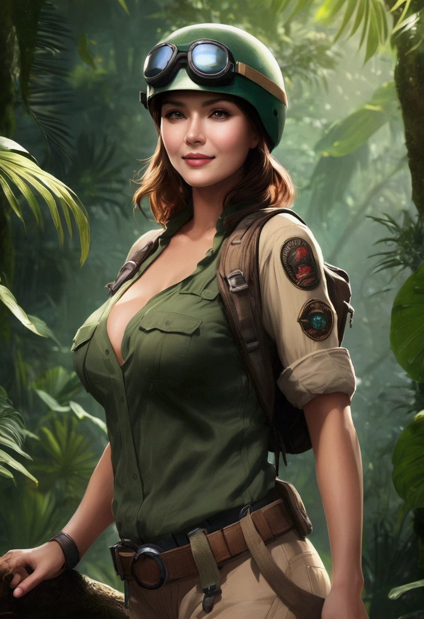 RAW, Best quality, high resolution, masterpiece: 1.3), Elegant MILF on Jungle Adventure (iu:0.8), Best quality, high resolution, Masterpiece: 1.3, Alluring Mature Woman, Masterpiece, Confident Smile, Realistic, 1woman, Mesmerizing Eyes, Radiant Eyes, Parted Lips, Elegant MILF, Full-length, Captivating Figure, Aesthetics of the Female Body, Jungle Explorer, Embarking on Adventure, Wearing Long Sleeve Shirts, Long Pants, Protective Helmet, Backpack, Water bottle, Mountain sword, big ,