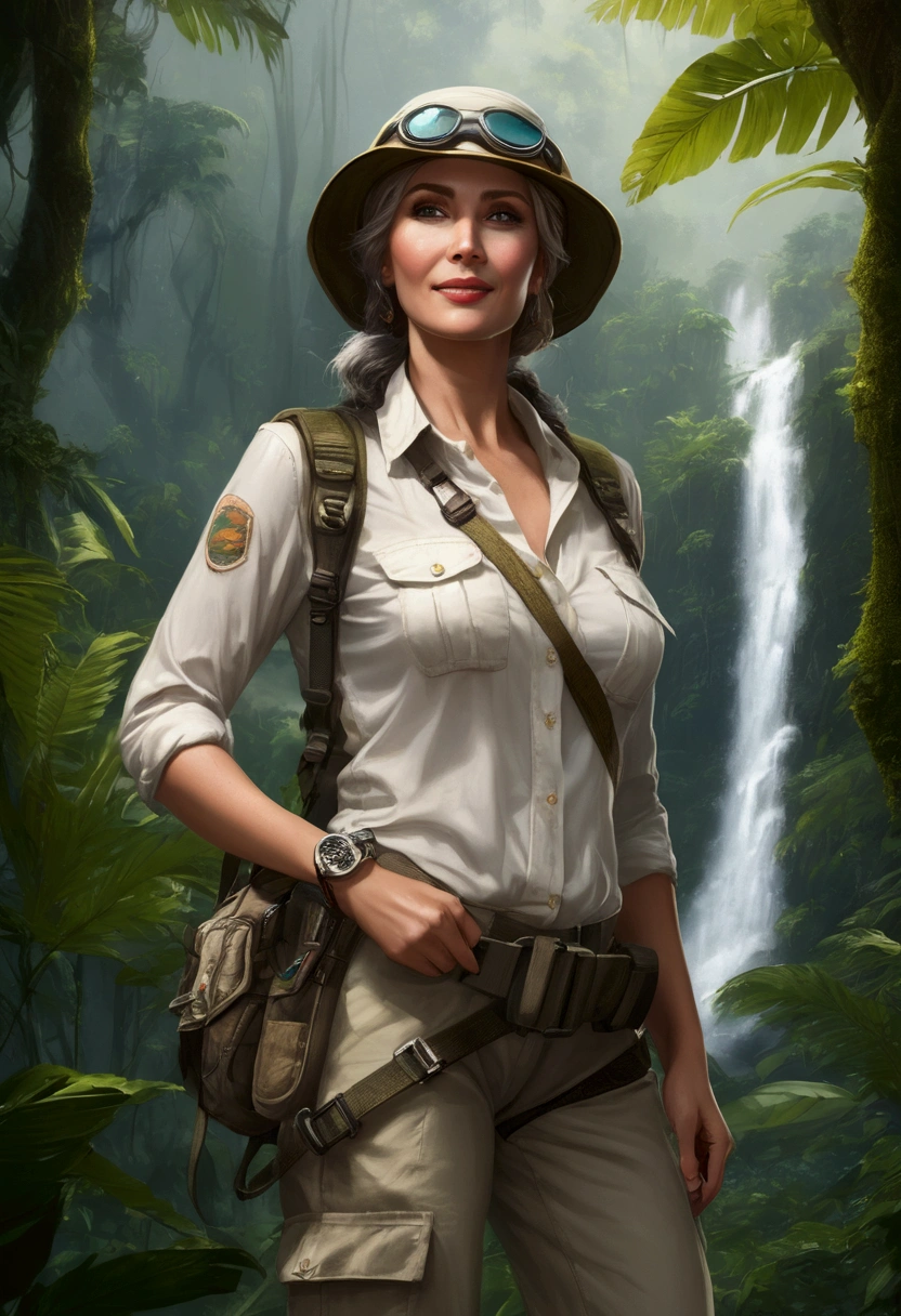RAW, Best quality, high resolution, masterpiece: 1.3), Elegant MILF on Jungle Adventure (iu:0.8), Best quality, high resolution, Masterpiece: 1.3, Alluring Mature Woman, Masterpiece, Confident Smile, Realistic, 1woman, Mesmerizing Eyes, Radiant Eyes, Parted Lips, Elegant MILF, Full-length, Captivating Figure, Aesthetics of the Female Body, Jungle Explorer, Embarking on Adventure, Wearing Long Sleeve Shirts, Long Pants, Protective Helmet, Backpack, Water bottle, Mountain sword, big ,