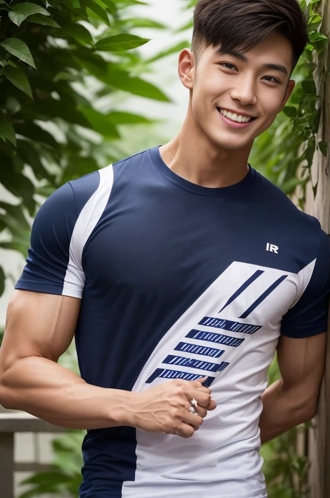 A handsome men ,20 age , Short Hair Hair, korea , Student,(((Wear a navy T-shirt without stripes.....................))), front-view, smile ,Pectoral muscles, Wide shoulders ,athlete , Upper body (1), It's raining: 1.3, road: 1.2, body dripping wet: 1.1,