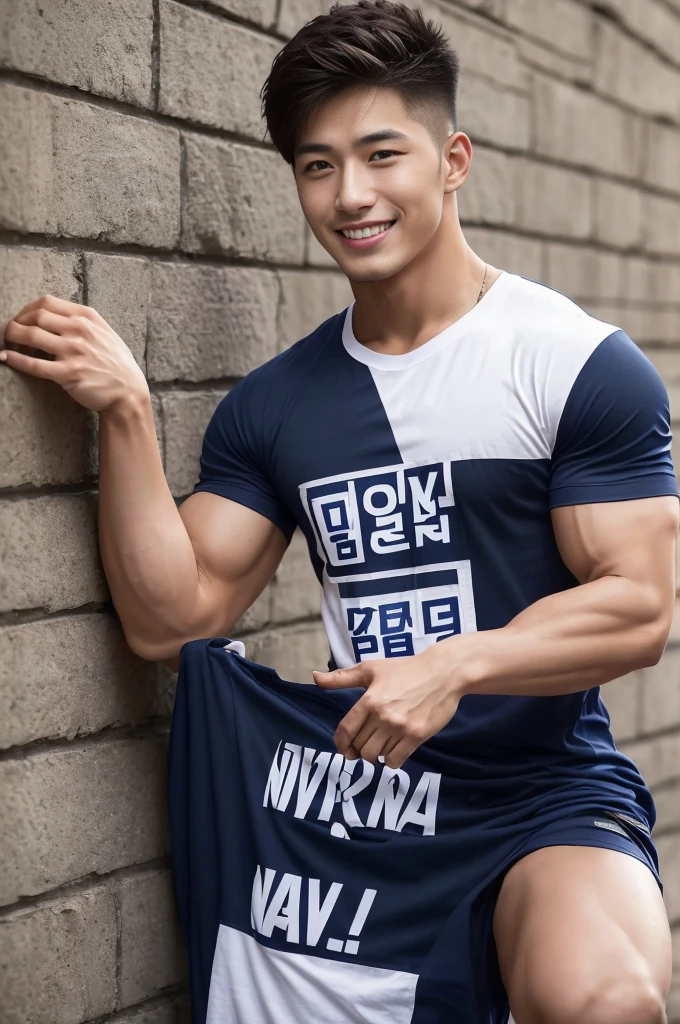 A handsome men ,20 age , Short Hair Hair, korea , Student，(((Wear a navy T-shirt without stripes.....................))),  front-view, smile ,Pectoral muscles, Wide shoulders ,athlete , Upper body (1),  It's raining: 1.3, road: 1.2, body dripping wet: 1.1,