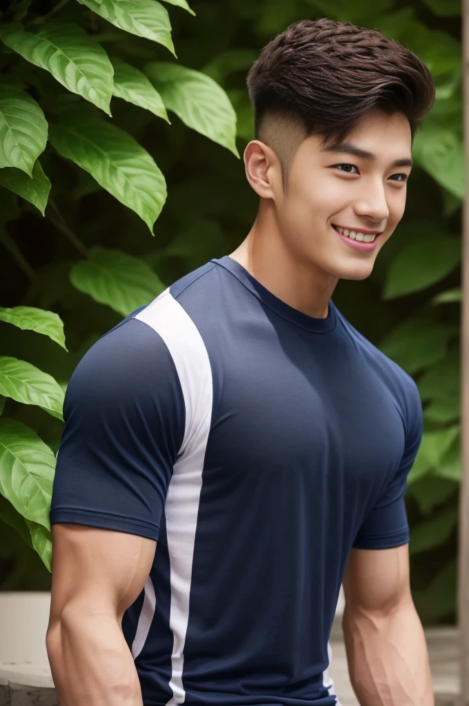A handsome men ,20 age , Short Hair Hair, korea , Student,(((Wear a navy T-shirt without stripes.....................))), front-view, smile ,Pectoral muscles, Wide shoulders ,athlete , Upper body (1), It's raining: 1.3, road: 1.2, body dripping wet: 1.1,