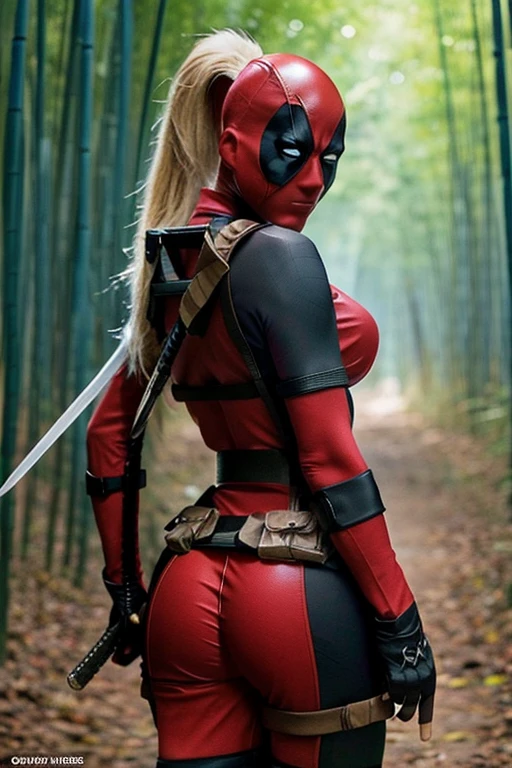 BodySuit_lady_deadpool_ownwaifu, 1girl, mask, blonde hair, ponytail, long hair, large breasts, no pupils, bodysuit, skin tight, superhero, red bodysuitmasterpiece,best quality,extreme detail,8k,taki2,1girl,solo,looking at viewer,open mouth,black hair,hair ornament,gloves,brown eyes,upper body,ponytail,weapon,sword,fingerless gloves,armor,blurry,black eyes,lips,bodysuit,blurry background,bandages,shoulder armor,nature,forest,pauldrons,ninja,weapon on back,bamboo forest, large breasts, thick thighs, muscular body