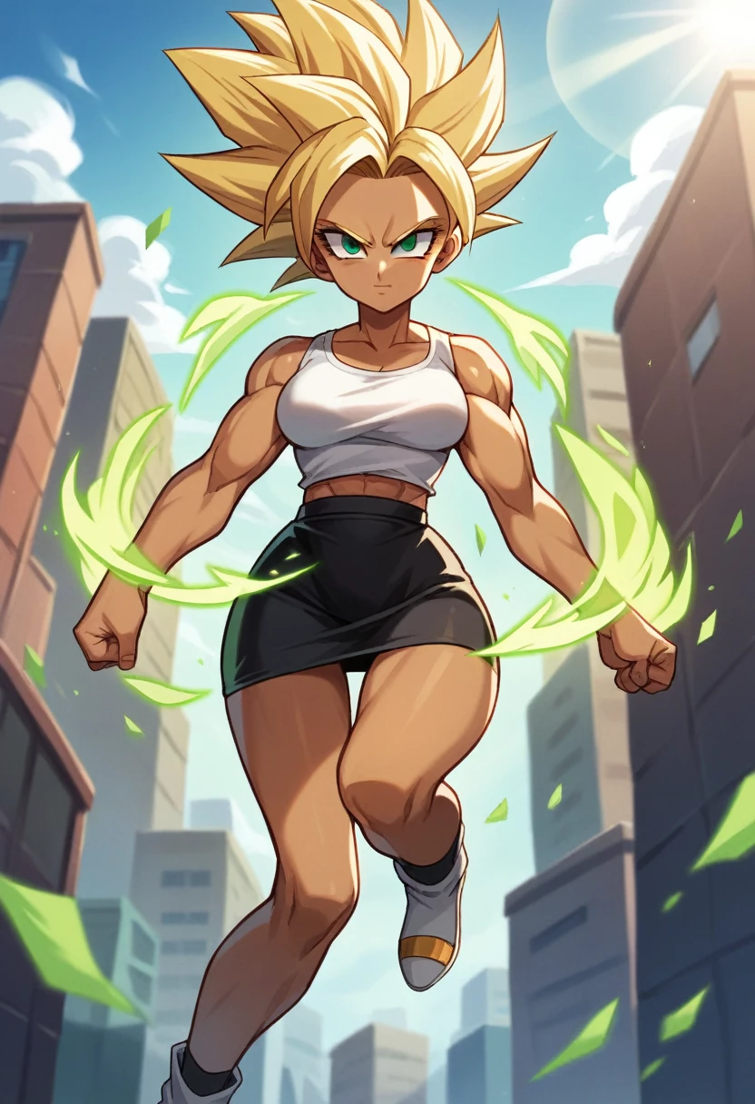 1 girl ,Saiyan, strong blonde hair spiked up, green eyes,slim, thin waist, wide hips, brown skin color, medium breasts, white top, short black skirt, the character is flying, standing, the location is a city, raising your ki, fists closed, aura around, charging your ki,raising your ki, closed fists, aura around, ki energy around the character, super saiyan two ,immense ki aura around , blue rays around , more rays