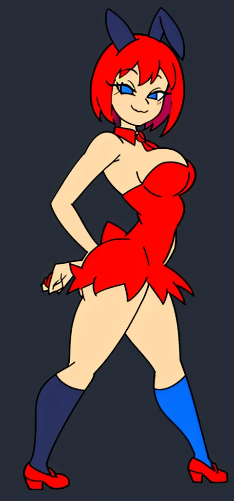 [less8 Pacman ghost], ((masterpiece)), ((High Definition)), ((high quality)), ((detailed shading)), ((beautiful rendering art)), ((solo portrait)), ((Whole body)), ((Front view)), ((intricate details)),  playboy bunny, Red suit ,black stockings, foot stockings, by Pixelsketcher, dress, blue eyes, Red hair, short hair, big breasts,  focusing on the buttocks, shoes, red shoes, defined neckline, (Blue socks), human,hair ornament, neon light behind,, city at night, Alone, from behind, looking at the viewer, posing on the back, very sensual, blushing, mischievous smile, dancing on a pole