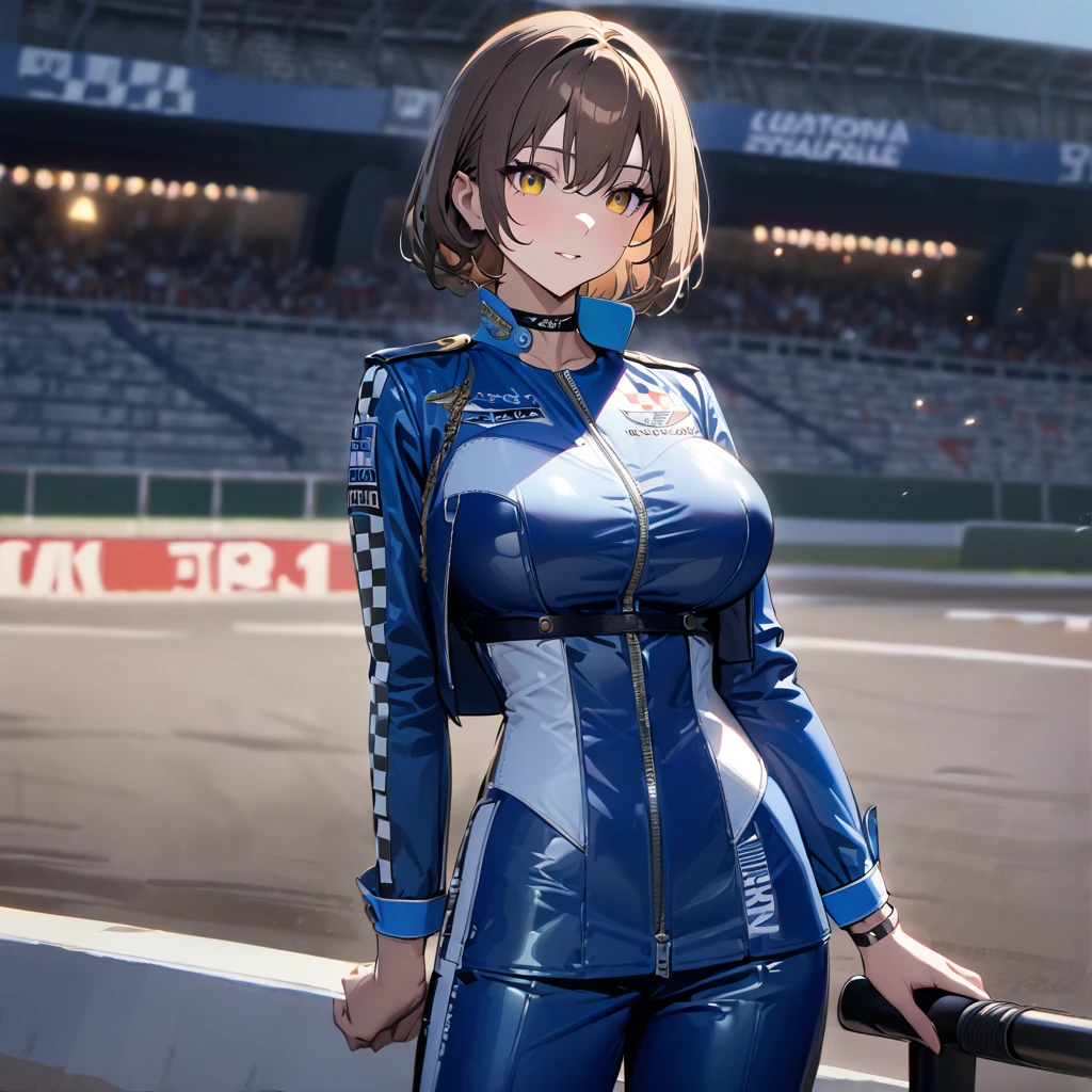 A woman wearing a blue race queen outfit, big breasts, blue leather boots, holding an iron bar with a racing flag, blue race car next to her, on a race track, brown hair, short hair, yellow eyes, posture standing, night place, background bleachers.(solo woman) ,UHD , prime work , accurate , anatomically correct , textured skin , super details , high quality , best quality, 8k, high resolution, bokeh effect,

