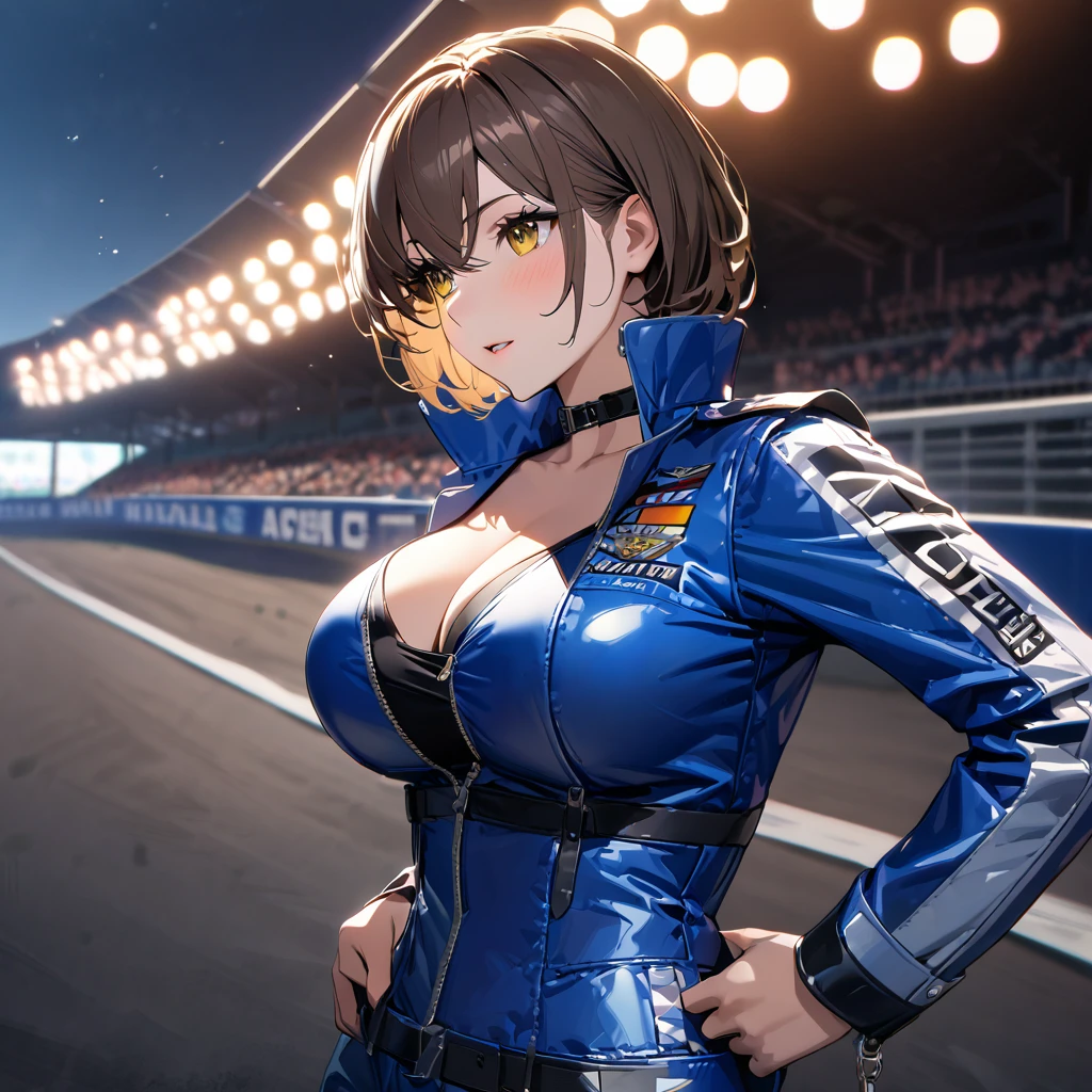 A woman wearing a blue race queen outfit, big breasts, blue leather boots, holding an iron bar with a racing flag, blue race car next to her, on a race track, brown hair, short hair, yellow eyes, posture standing, night place, background bleachers.(solo woman) ,UHD , prime work , accurate , anatomically correct , textured skin , super details , high quality , best quality, 8k, high resolution, bokeh effect,

