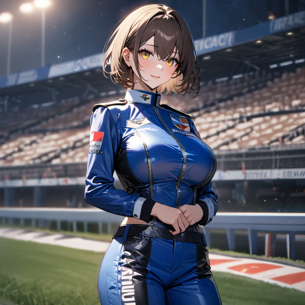 A woman wearing a blue race queen outfit, big breasts, blue leather boots, holding an iron bar with a racing flag, blue race car next to her, on a race track, brown hair, short hair, yellow eyes, posture standing, night place, background bleachers.(solo woman) ,UHD , prime work , accurate , anatomically correct , textured skin , super details , high quality , best quality, 8k, high resolution, bokeh effect,

