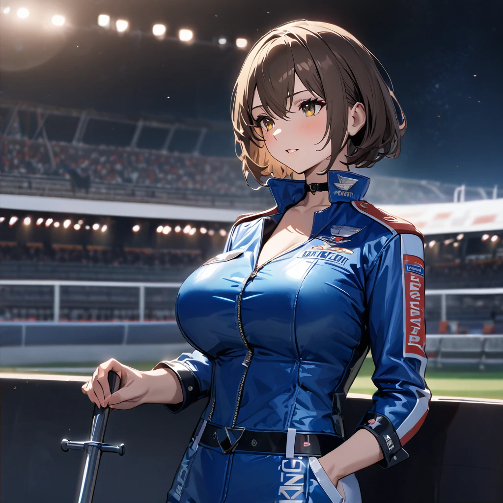 A woman wearing a blue race queen outfit, big breasts, blue leather boots, holding an iron bar with a racing flag, blue race car next to her, on a race track, brown hair, short hair, yellow eyes, posture standing, night place, background bleachers.(solo woman) ,UHD , prime work , accurate , anatomically correct , textured skin , super details , high quality , best quality, 8k, high resolution, bokeh effect,

