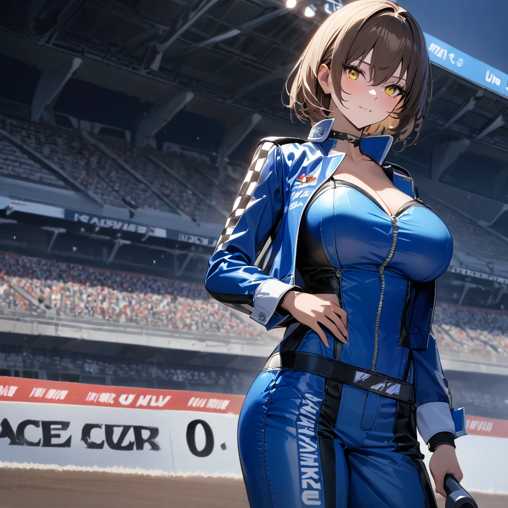 A woman wearing a blue race queen outfit, big breasts, blue leather boots, holding an iron bar with a racing flag, blue race car next to her, on a race track, brown hair, short hair, yellow eyes, posture standing, night place, background bleachers.(solo woman) ,UHD , prime work , accurate , anatomically correct , textured skin , super details , high quality , best quality, 8k, high resolution, bokeh effect,
