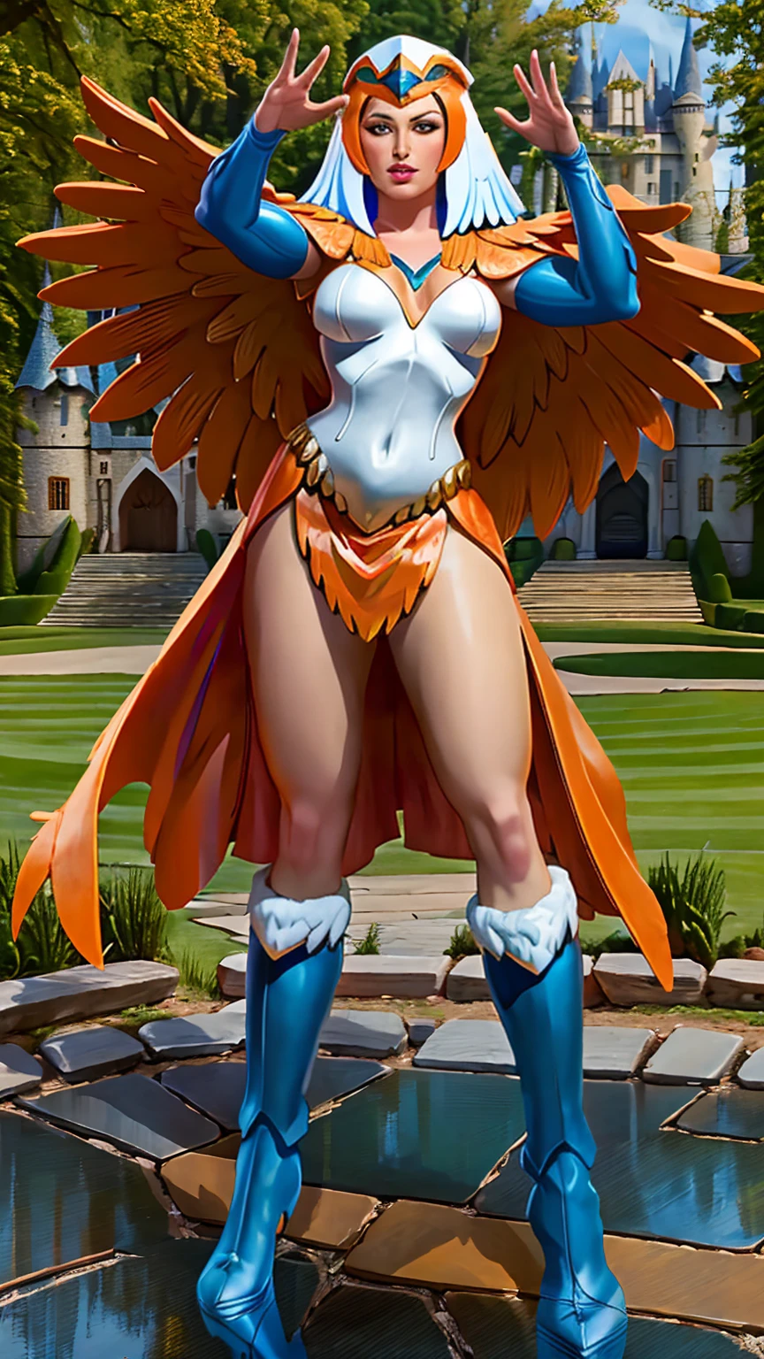 ((Full body photo, standing, feet on the floor)) a woman, HHUD, ((1girl)), full body, motu_sorceress, gorgeous woman, realistic, blue and white long sleeved v-neck bodysuit with feather detailing, eagle headdress, (orange and blue feather cloak:1.2), blue boots with white fur trim, (extremely detailed 8k wallpaper), masterpiece, best quality, ((intricate detail)), absurdres, ((perfect face)), ((perfect hands:1.3)), (soft smile:1.3), dynamic angle, dynamic pose, ((fantasy castle setting:1.2)), outdoors, 