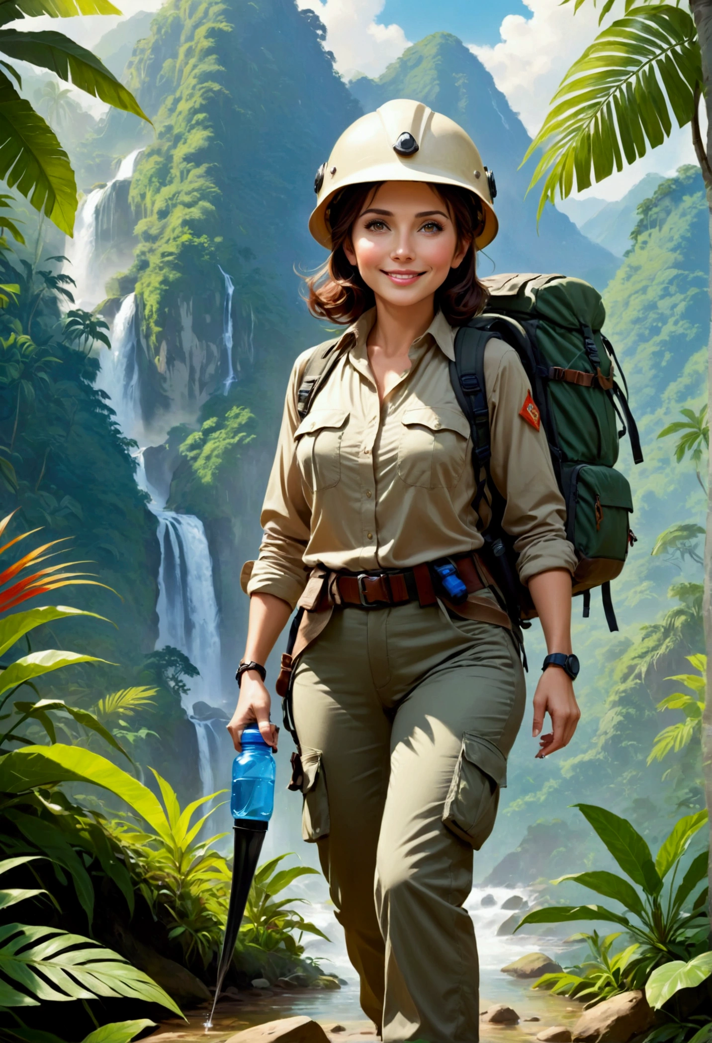 RAW, Best quality, high resolution, masterpiece: 1.3), Elegant MILF on Jungle Adventure (iu:0.8), Best quality, high resolution, Masterpiece: 1.3, Alluring Mature Woman, Masterpiece, Confident Smile, Realistic, 1woman, Mesmerizing Eyes, Radiant Eyes, Parted Lips, Elegant MILF, Full-length, Captivating Figure, Aesthetics of the Female Body, Jungle Explorer, Embarking on Adventure, Wearing Long Sleeve Shirts, Long Pants, Protective Helmet, Backpack, Water bottle, Mountain sword, big ,