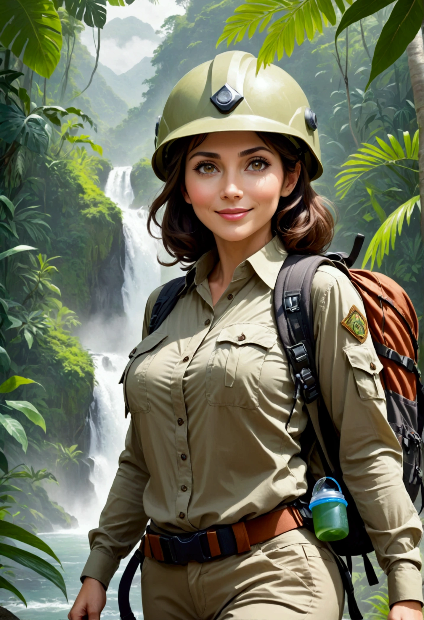 RAW, Best quality, high resolution, masterpiece: 1.3), Elegant MILF on Jungle Adventure (iu:0.8), Best quality, high resolution, Masterpiece: 1.3, Alluring Mature Woman, Masterpiece, Confident Smile, Realistic, 1woman, Mesmerizing Eyes, Radiant Eyes, Parted Lips, Elegant MILF, Full-length, Captivating Figure, Aesthetics of the Female Body, Jungle Explorer, Embarking on Adventure, Wearing Long Sleeve Shirts, Long Pants, Protective Helmet, Backpack, Water bottle, Mountain sword, big ,