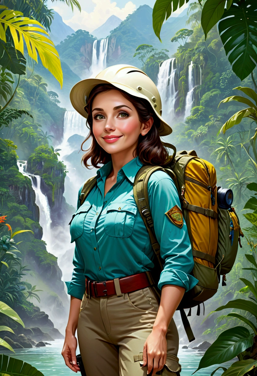 RAW, Best quality, high resolution, masterpiece: 1.3), Elegant MILF on Jungle Adventure (iu:0.8), Best quality, high resolution, Masterpiece: 1.3, Alluring Mature Woman, Masterpiece, Confident Smile, Realistic, 1woman, Mesmerizing Eyes, Radiant Eyes, Parted Lips, Elegant MILF, Full-length, Captivating Figure, Aesthetics of the Female Body, Jungle Explorer, Embarking on Adventure, Wearing Long Sleeve Shirts, Long Pants, Protective Helmet, Backpack, Water bottle, Mountain sword, big ,