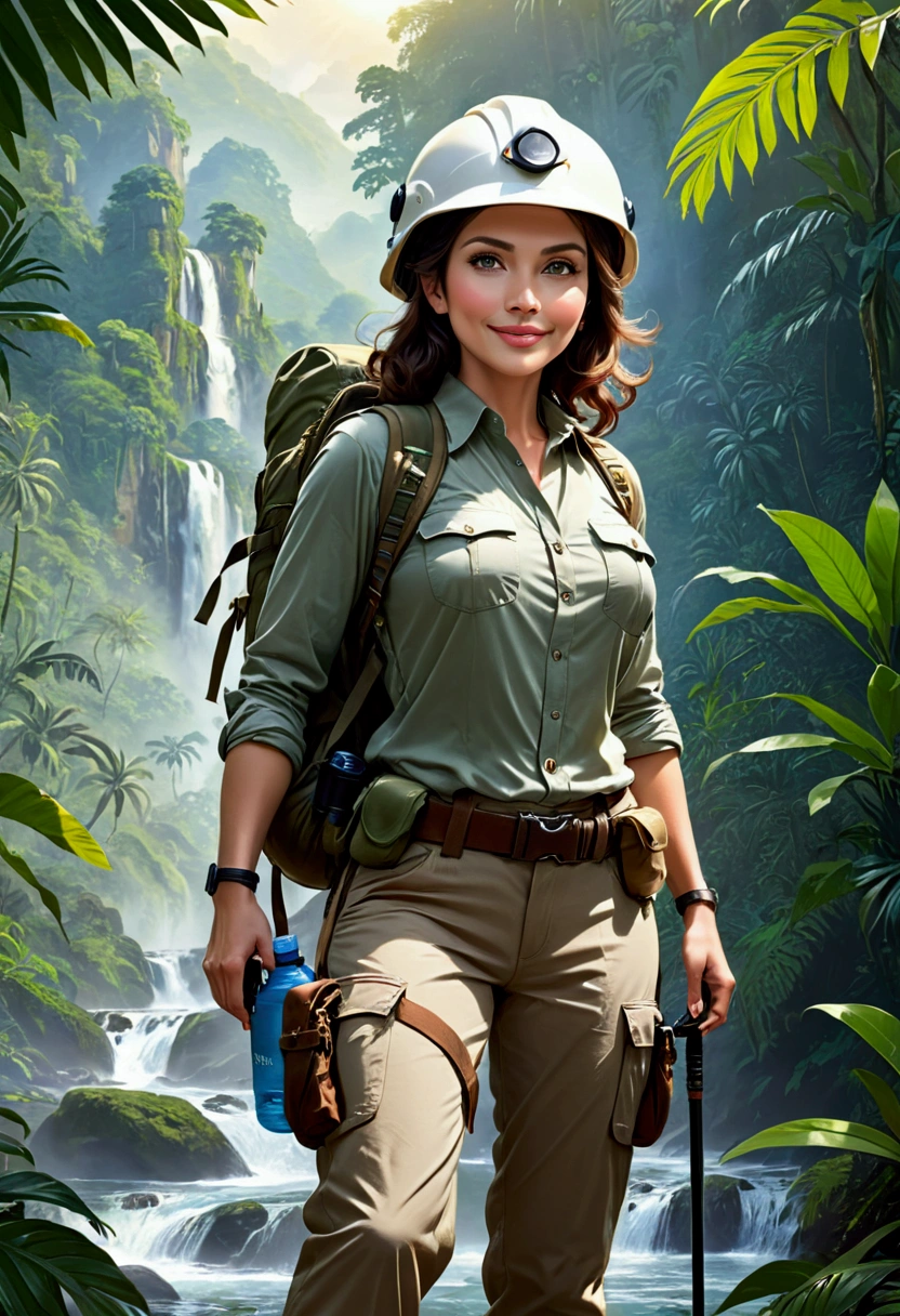 RAW, Best quality, high resolution, masterpiece: 1.3), Elegant MILF on Jungle Adventure (iu:0.8), Best quality, high resolution, Masterpiece: 1.3, Alluring Mature Woman, Masterpiece, Confident Smile, Realistic, 1woman, Mesmerizing Eyes, Radiant Eyes, Parted Lips, Elegant MILF, Full-length, Captivating Figure, Aesthetics of the Female Body, Jungle Explorer, Embarking on Adventure, Wearing Long Sleeve Shirts, Long Pants, Protective Helmet, Backpack, Water bottle, Mountain sword, big ,