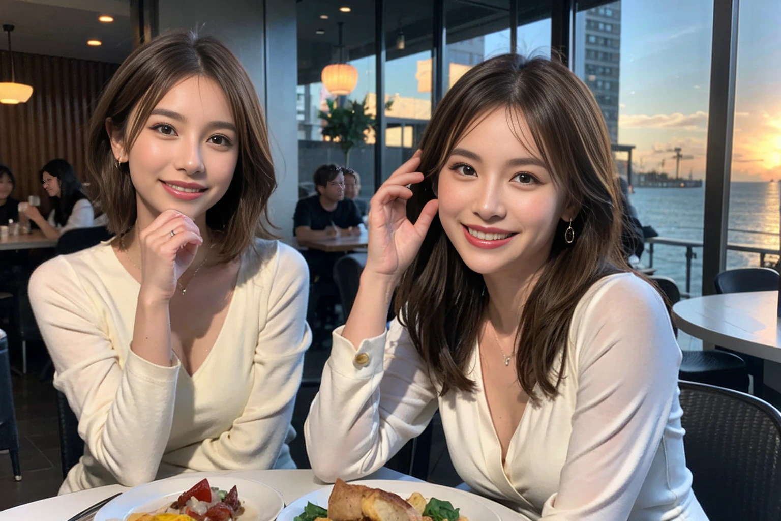 （Realistic:1.1）,(masterpiece,Highest quality)，8k,(40 years old), 42 years old, slimカップル、Model Couple、actress/actor、Tight waist,Upper Body,full-course dinner、wine 、Amazing view of the sunset sky and clouds、Perfect ???????, Brown Hair, short hair,Random Hairstyles,((Highly detailed face and eyes:1.2))(cute顔:1.4)，美しいactressの顔，Perfect golden ratio face，Long sleeve shirt、dress,(smile:1.2)、Shortcuts、cute、(Realistic, Intricate details:1.2), A bright smile、short hair,Bright Face、赤wine 、Appetizers、Italian food、wine bottle、Champagne、スパークリングwine、(slimな顔), (The body is slim), (Brown Hair), (Shortcuts),  Upper Body, 白wine, slim, wineグラス, 