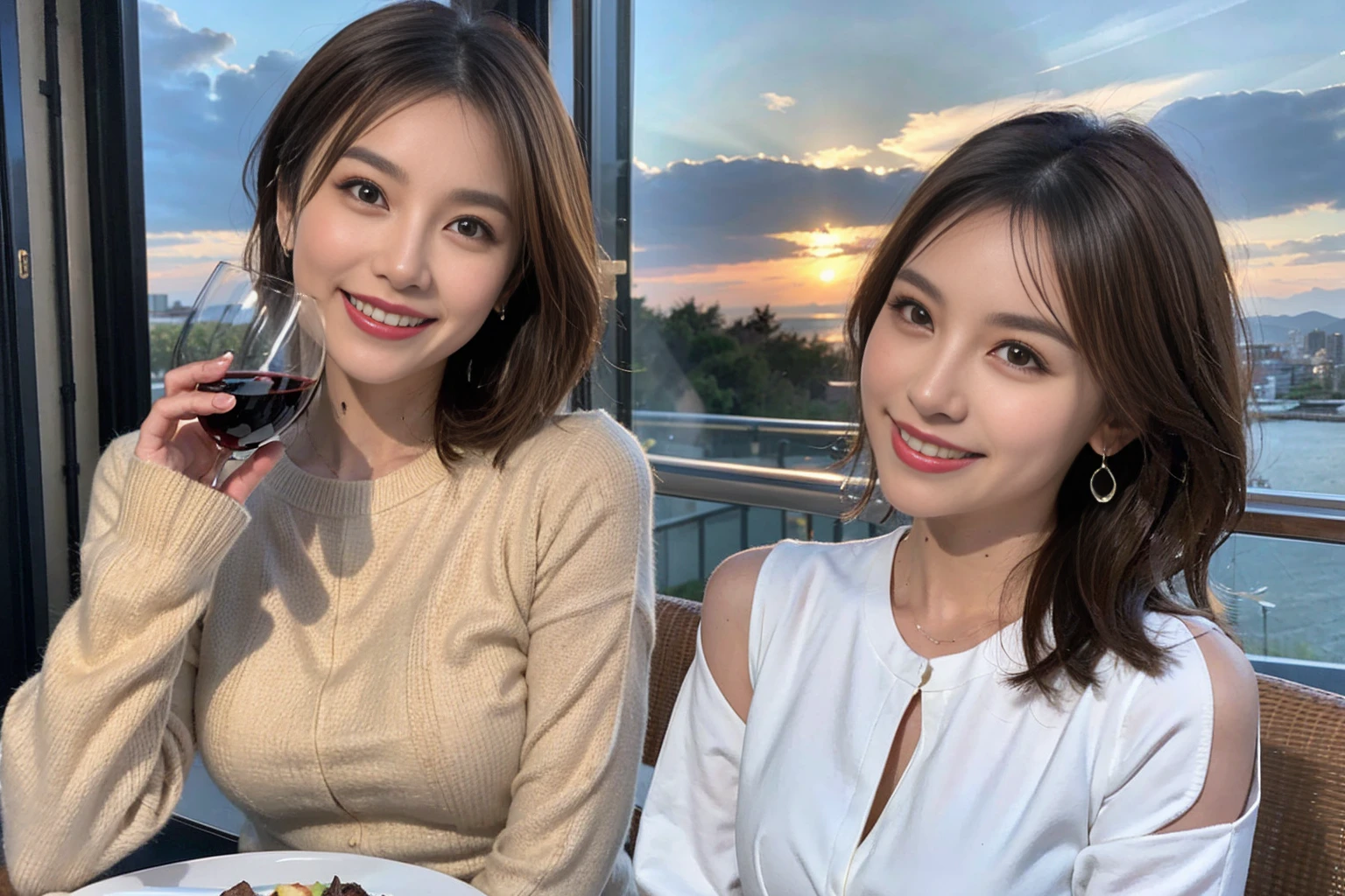 （Realistic:1.1）,(masterpiece,Highest quality)，8k,(40 years old), 42 years old, slimカップル、Model Couple、actress/actor、Tight waist,Upper Body,full-course dinner、wine 、Amazing view of the sunset sky and clouds、Perfect Anatomy, Brown Hair, short hair,Random Hairstyles,((Highly detailed face and eyes:1.2))(cute顔:1.4)，美しいactressの顔，Perfect golden ratio face，Long sleeve shirt、dress,(smile:1.2)、Shortcuts、cute、(Realistic, Intricate details:1.2), A bright smile、short hair,Bright Face、赤wine 、Appetizers、Italian food、wine bottle、Champagne、スパークリングwine、(slimな顔), (The body is slim), (Brown Hair), (Shortcuts),  Upper Body, 白wine, slim, wineグラス, 