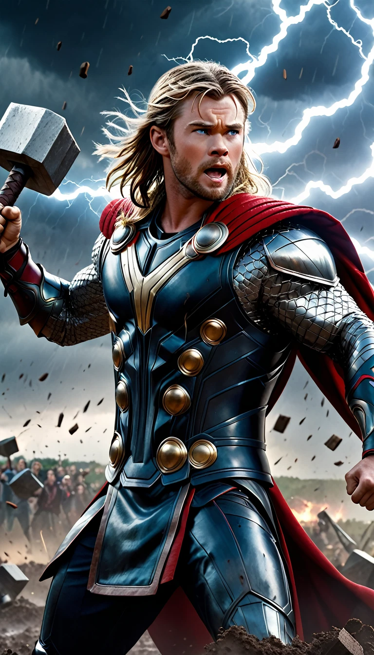 Cinematic soft lighting illuminates a stunningly detailed and ultra-realistic Chris Hemsworth as Thor God of Thunder from Thor movies,  stormy sky, lightning strikes, Thor, raising Mjolnir, thunderclouds, wind blowing, fierce expression, charging enemies, muddy ground, battle chaos, electrifying aura, sparks flying, determination, energy surge, armor shining, hammer glowing, power unleashed, that is trending on ArtStation. Octane is the perfect tool to capture the softest details of this 16k photography masterpiece