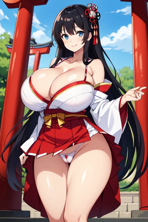 Girl in Japanese shrine maiden outfit, Blue eyes, smile, Showing her breasts, (Huge breasts:1.5), Cleavage, (Black Hair), Super Long Hair, hair ornament, ribbon,White kimono, Shoulder-exposing sleeves, open-chested costume, Short skirt, Red Skirt, (upskirt), cameltoe