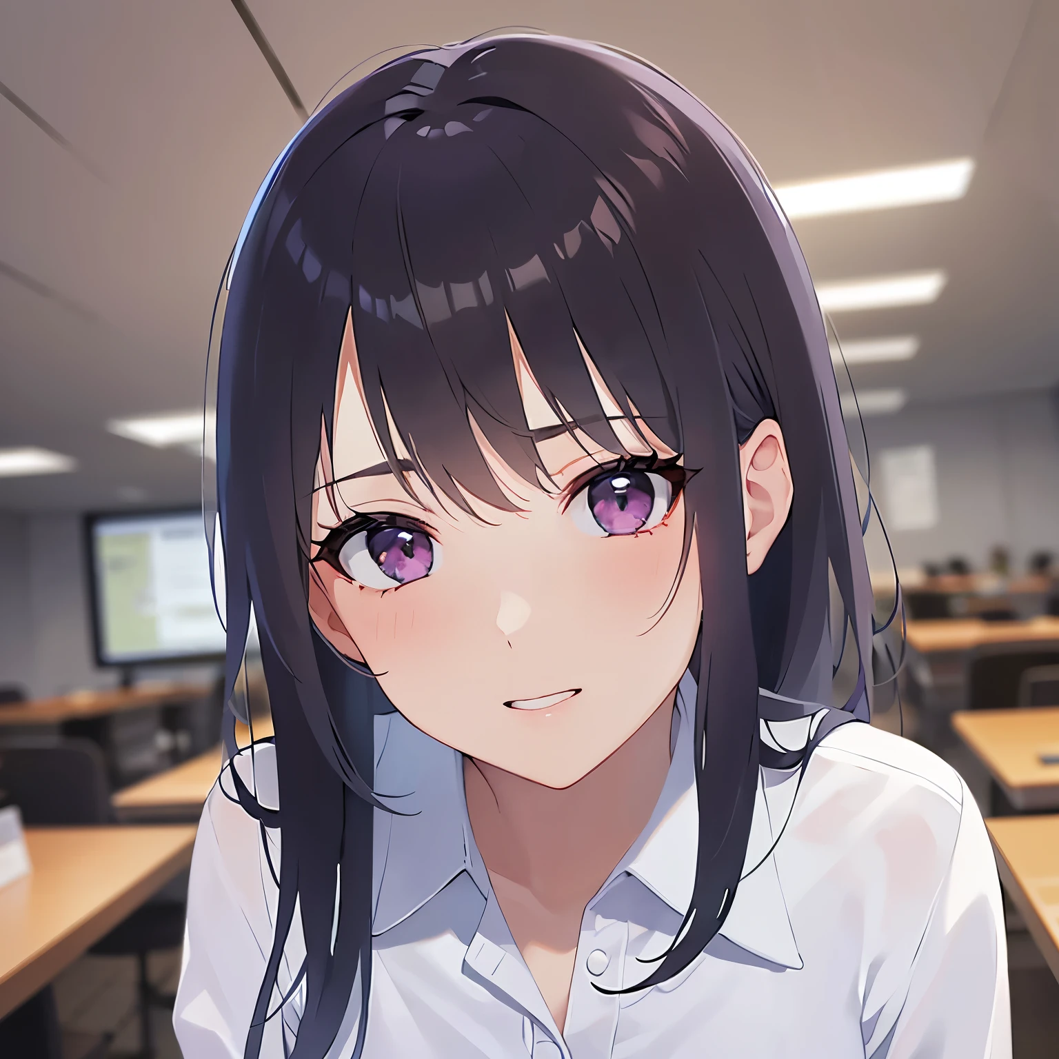 Upper Body,(looking at viewer:1.5)、head tilt,Looking up, Realistic, real person, (pale skin: 1.2), RAW photo, photorealistic, shiny skin, shiny hair、
(A 25-year-old woman with straight hair and bangs) and (medium hair) and (black hair) and (purple eyes) ,
(Wearing a business suit:1.5) and (Wearing a white collared shirt)、
smile,Background is an office room、Alone、Are standing、