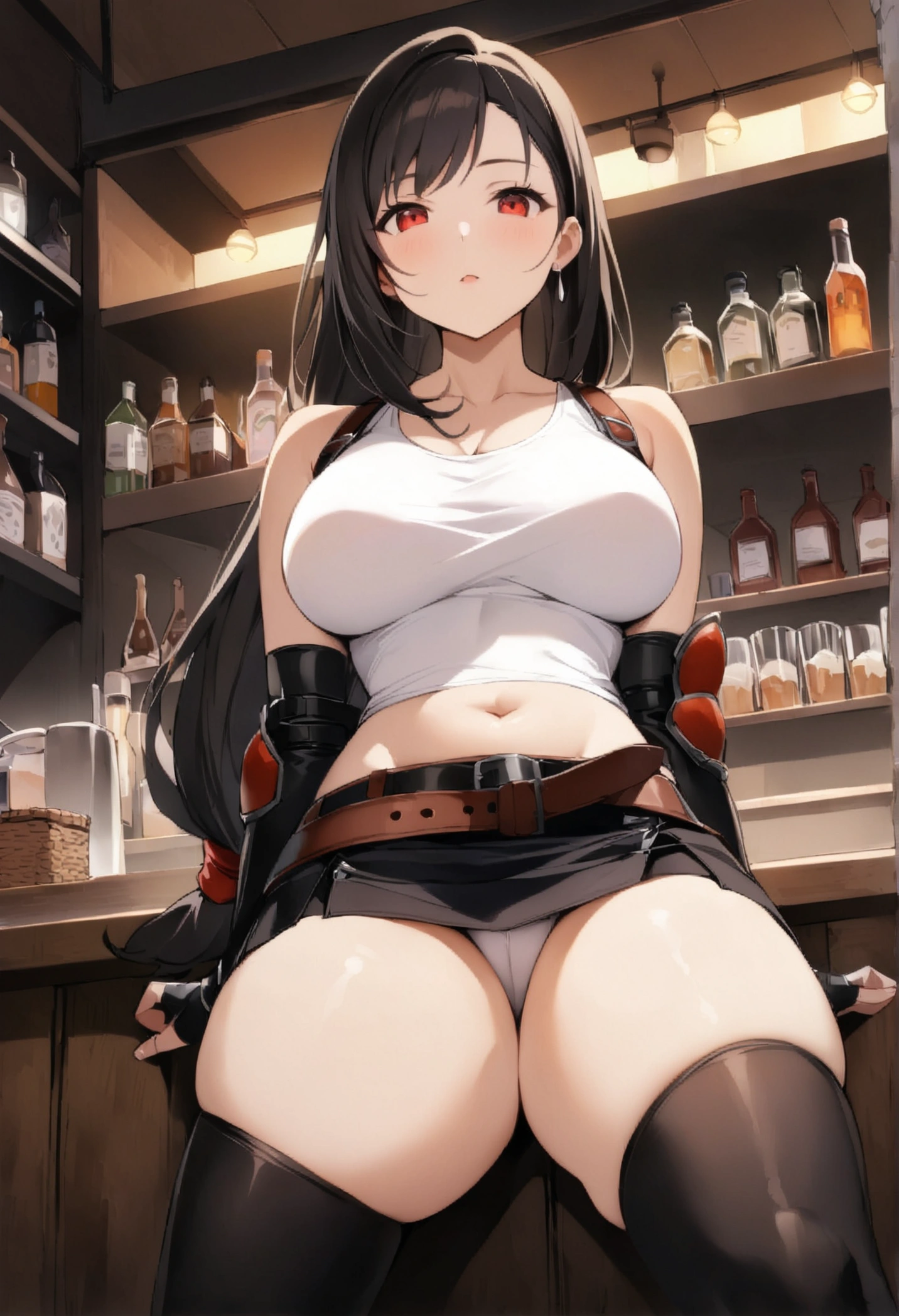 (score_9, score_8_up, score_7_up),  (best quality, masterpiece),perfect anatomy,(aesthetic,very aesthetic),official style, (ultra-high resolution), 1girl, tifa lockhart, final fantasy,(beautiful woman).tareme, black hair, low-tied long hair, red eyes, bangs, white tank top,gap, belt, pleated skirt, thighhighs, elbow fingerless gloves, elbow pads, midriff, navel,suspender skirt.zettai ryouiki ,from below,(breastbelow view),,(large_breasts),Solo,mediumshot,looking_at_viewer,arms in sides,sitting leg apart,cafe and bar, ,Framin,(Composition)