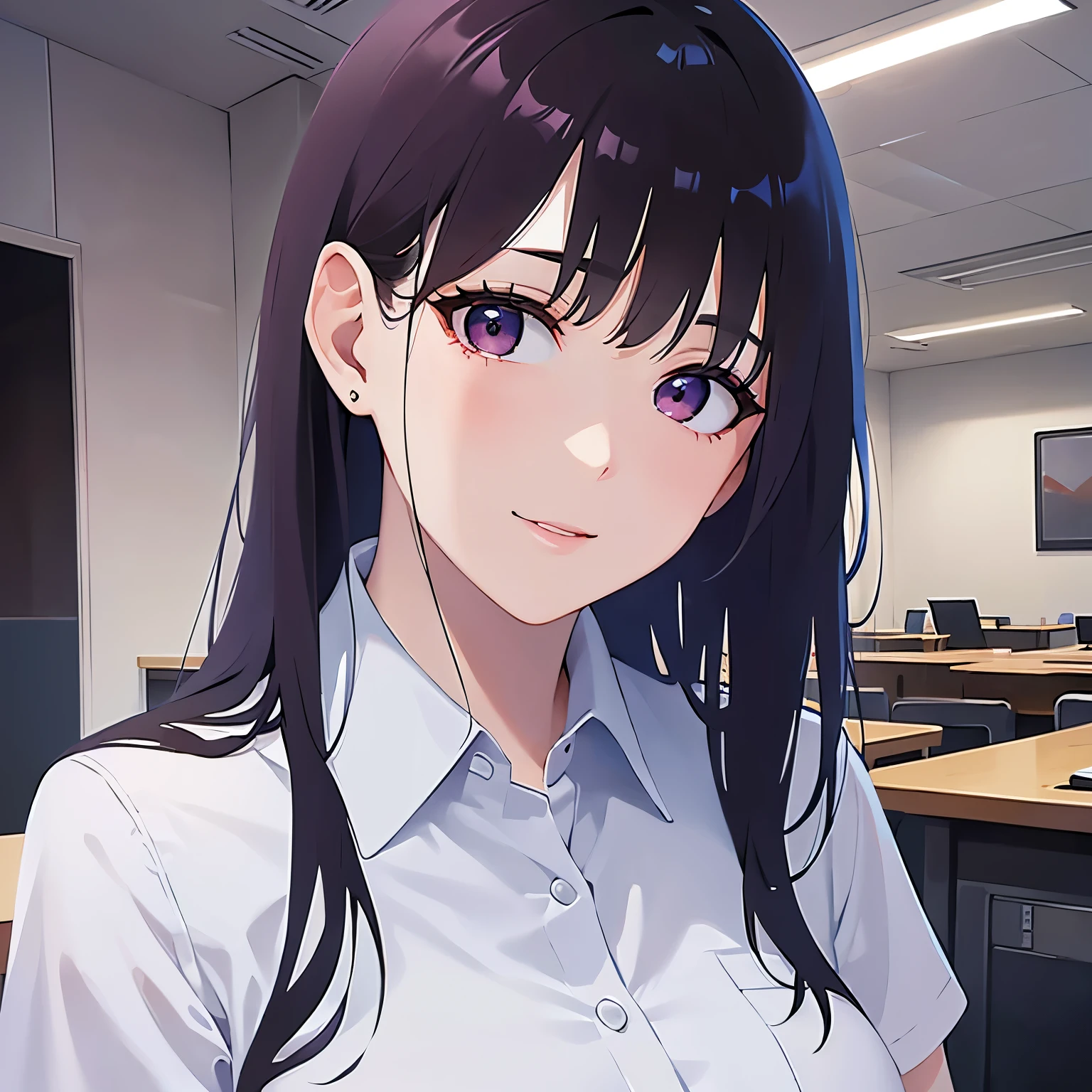 Upper Body,(looking at viewer:1.5)、head tilt,Looking up, Realistic, real person, (pale skin: 1.2), RAW photo, photorealistic, shiny skin, shiny hair、
(A 25-year-old woman with straight hair and bangs) and (medium hair) and (black hair) and (purple eyes) ,
(Wearing a business suit:1.5) and (Wearing a white collared shirt)、
smile,Background is an office room、Alone、Are standing、