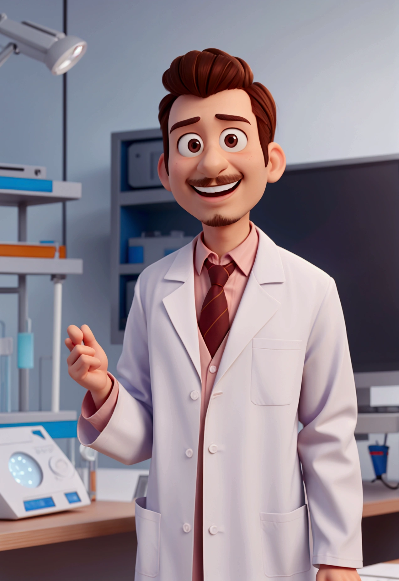 pixar style image Man in lab coat, doctor, frontal image, smiling, glad