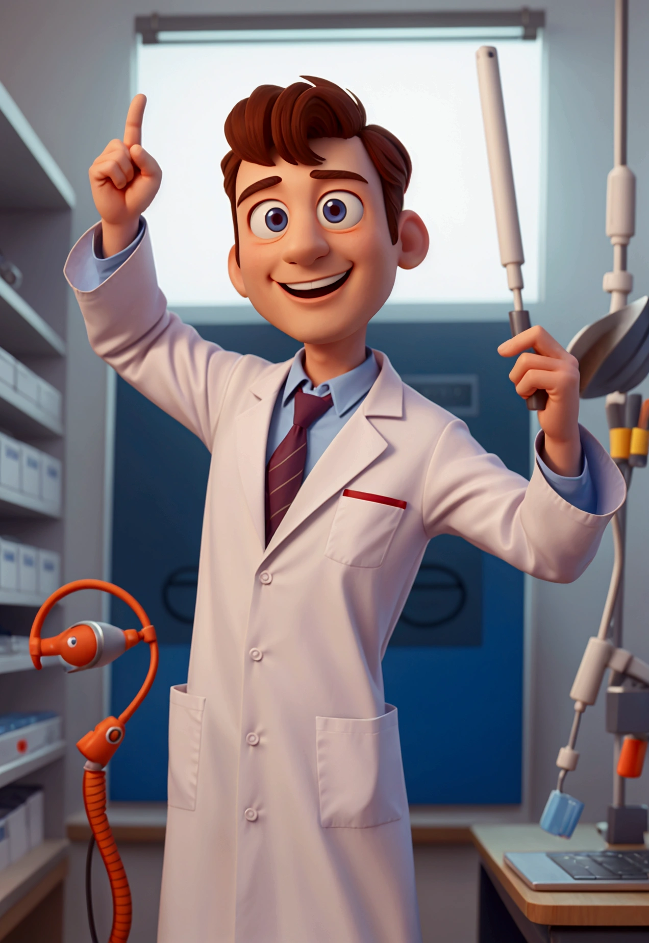pixar style image Man in lab coat, doctor, frontal image, smiling, glad 