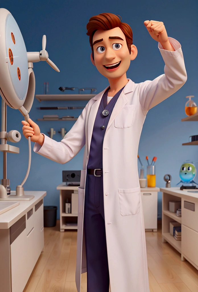 pixar style image Man in lab coat, doctor, frontal image, smiling, glad