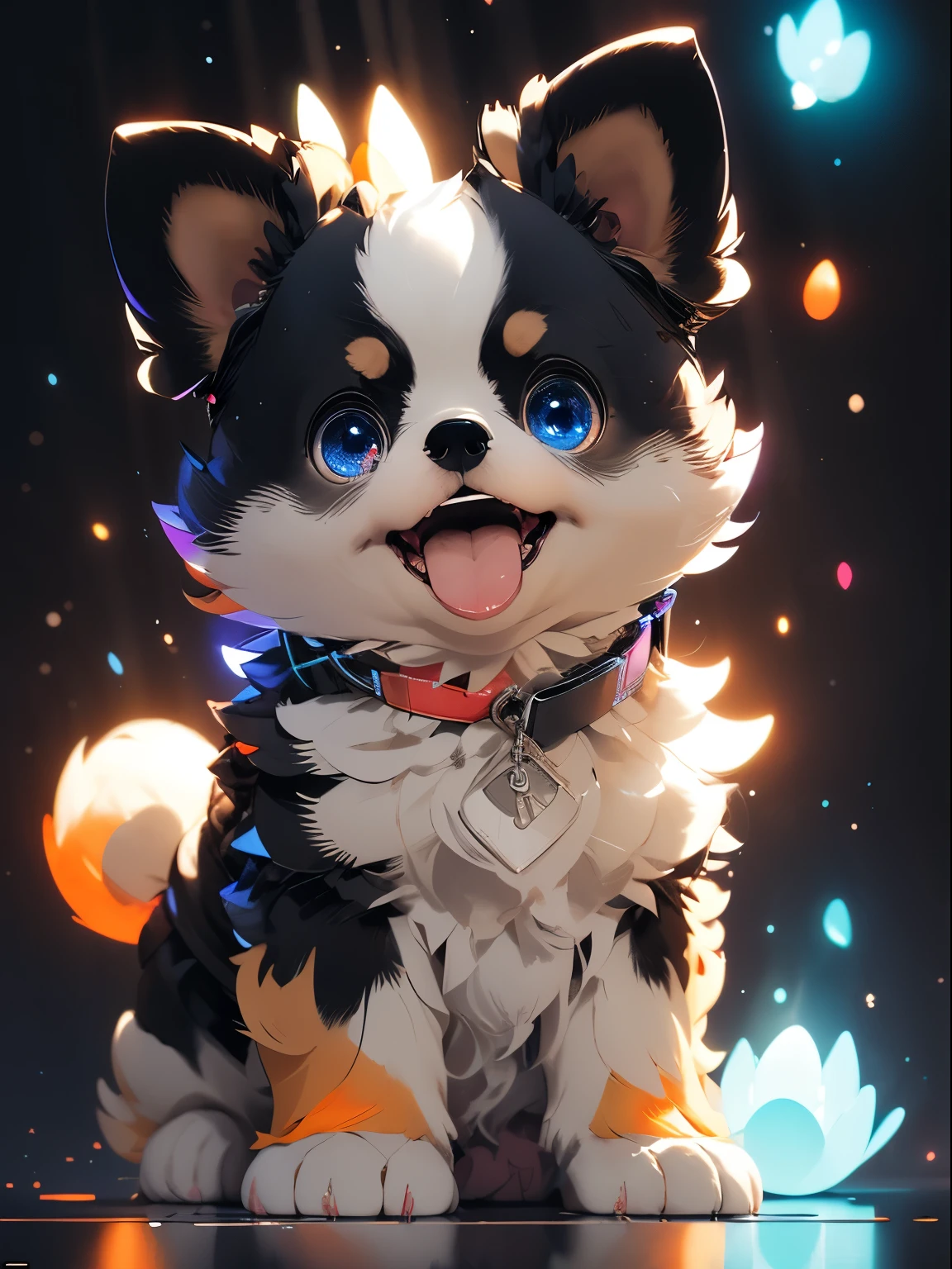 (Masterpiece:1.2, high quality),adorable small black shih tzu puppy, cute black fluffy dog, fluffy, glasses, big round eyes, full of color, splash of paints, shih tzu,, pixar,( big eyes:1.2), (happy:1.2), smile, 3d render, 8k, 4k, (colorful:1.4), orange, yellow, red, blue, green, purple, rainbow