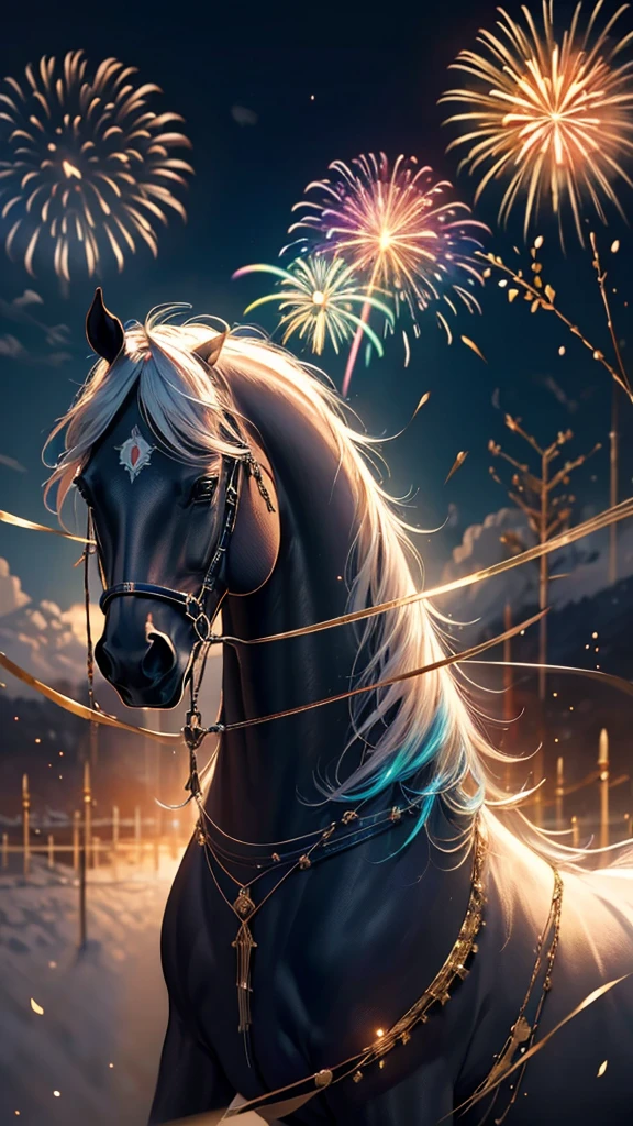horse、white、白horse、horseたちに囲まれて、Mysterious Landscape、firework、firework大会、Rainbow colorsのfireworkが打ちあがっている瞬間、夜nullとともに、草原な景色で壮大なfirework、future都市、Highest quality、masterpiece, (Diffuse reflection of light:1.2), When the fantastic rainbow turns into shadow, bathed in a mystical atmosphere.horseたちも見ています, Cast magic spells. evoke a sense of wonder and awe. A fusion of natural grandeur and magic, Weaving dreams into reality. Behold, null, And the unknown, Fleeting、And an eternal moment, 16K, Ultra-high resolution.Realistic, Ultra-high resolution, to be born,future、Rainbow colorsに光り輝く、Rainbow colors、The world 30 years from now。