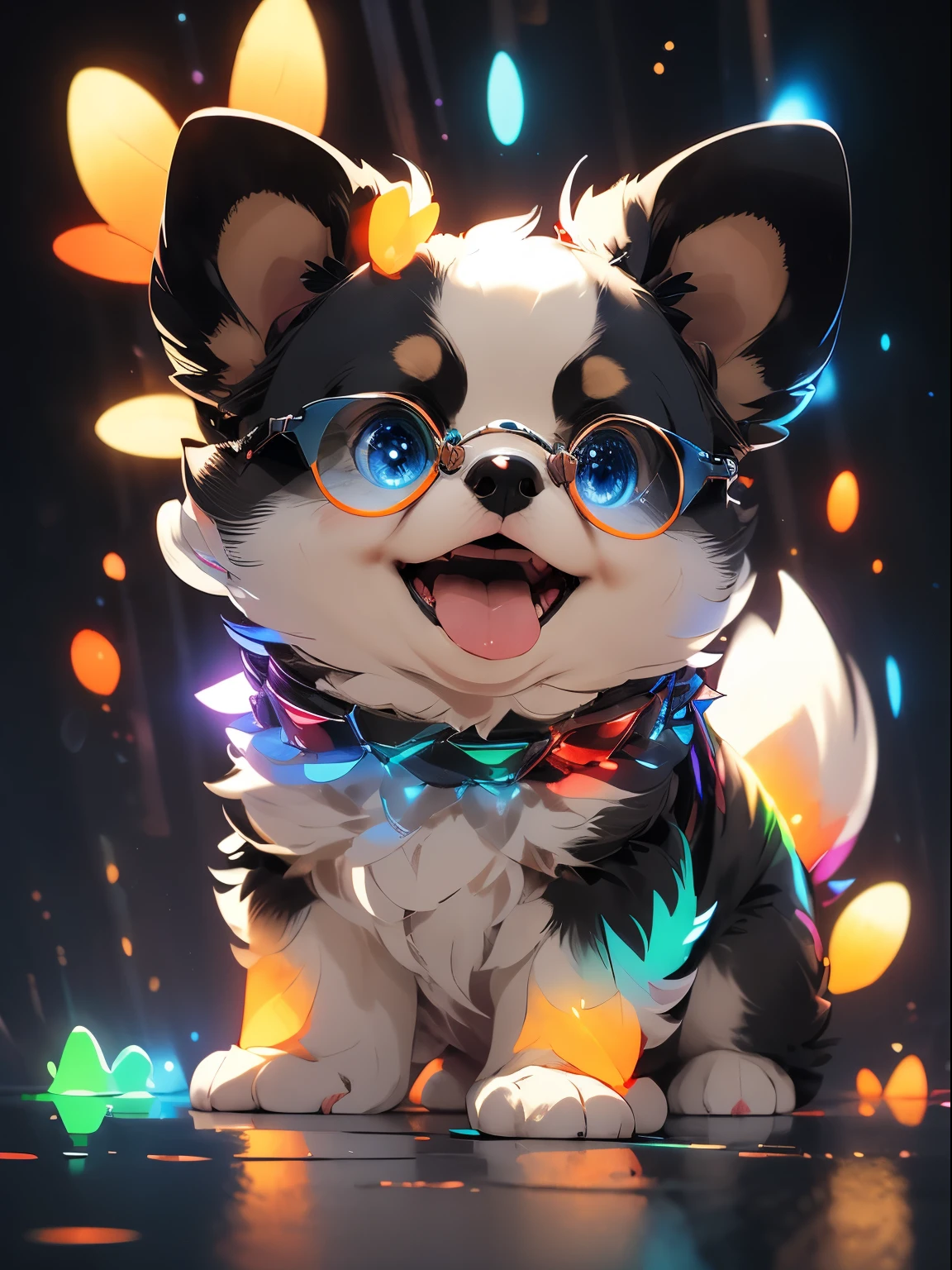 (Masterpiece:1.2, high quality),adorable small black shih tzu puppy, cute black fluffy dog, fluffy, glasses, big round eyes, full of color, splash of paints, shih tzu,, pixar,( big eyes:1.2), (happy:1.2), smile, 3d render, 8k, 4k, (colorful:1.4), orange, yellow, red, blue, green, purple, rainbow