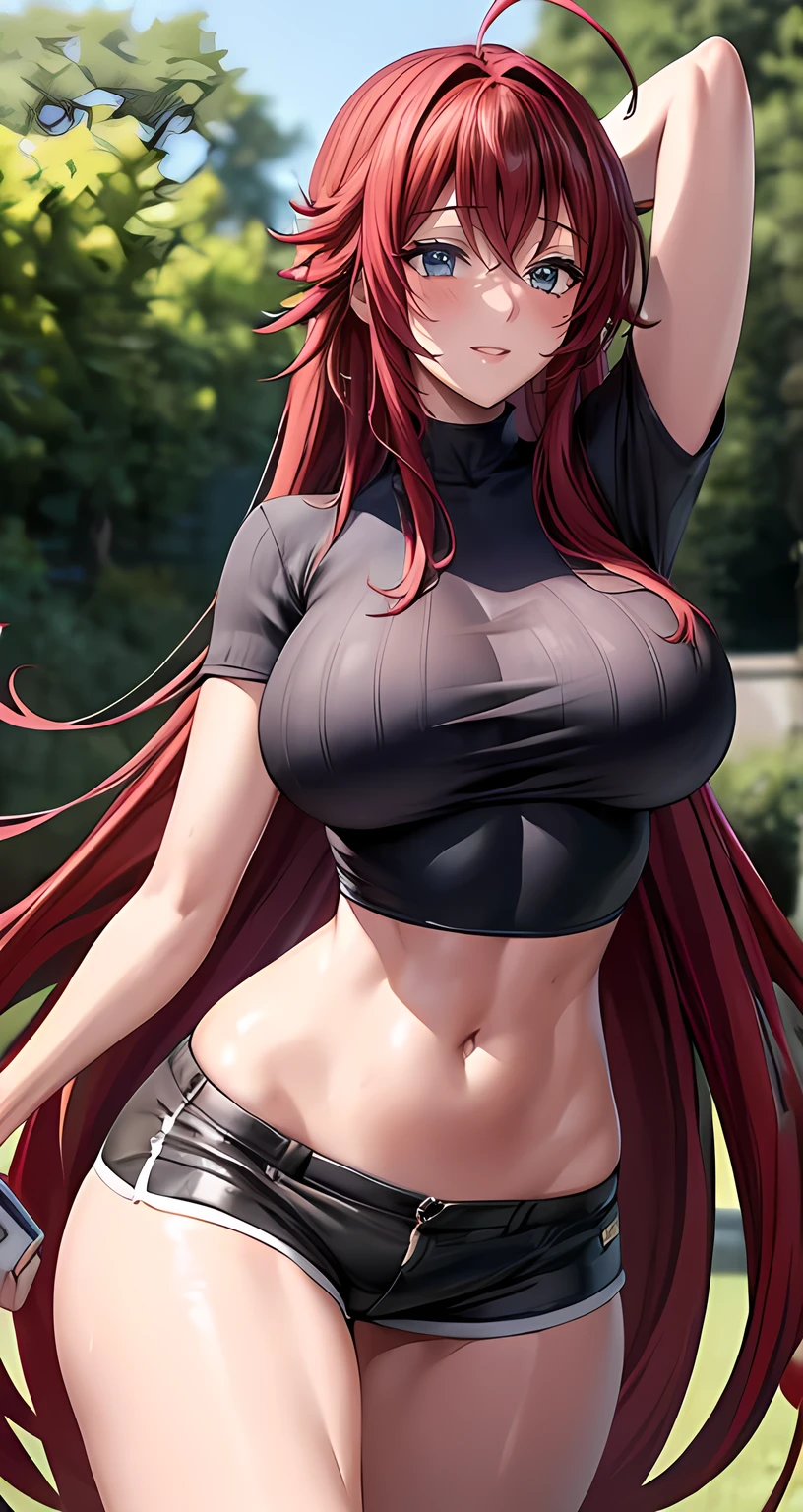 front view detailed body, long belly , Slender body, tight body , thicc, large breast, breast, long thighs, masterpiece, long hair, very long hair, bangs, red hair,hair_between_eyes, very_long_hair, red_hair, huge_ahoge, green eyes, 1girl, solo, shirt, t-shirt , short shorts, crop top, under boob, armpit, wet clothes, dolphin shorts, wet, body, park, outdoors, day, cowboy shot, front shot ,20yo,Young female,Beautiful Finger,Beautiful long legs,Beautiful body,Beautiful Nose,Beautiful character design, perfect eyes, perfect face,expressive eyes, looking at viewer,(full_body),(Focus on her face), official art,extremely detailed CG unity 8k wallpaper, perfect lighting,Colorful, Bright_Front_face_Lighting,shiny skin, (masterpiece:1.0),(best_quality:1.0), ultra high res,4K,ultra-detailed, photography, 8K, HDR, highres, absurdres:1.2, Kodak portra 400, film grain, blurry background, bokeh:1.2, lens flare, (vibrant_color:1.2) (Beautiful,large_Breasts:1.4), (beautiful_face:1.5),(narrow_waist),