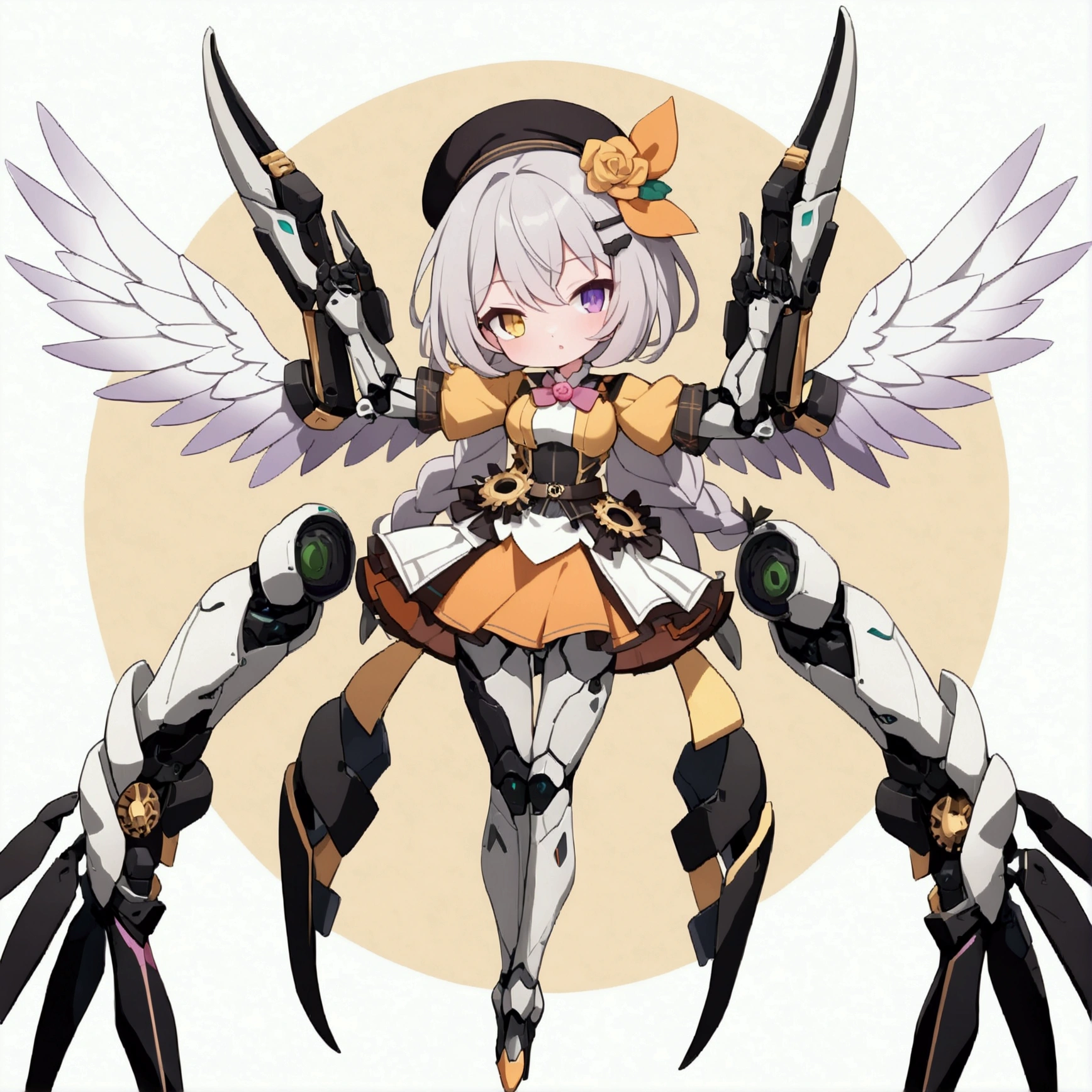woman 165cm tall, slim build, , charming look, ((heterocromia: look like, derecho naranja y look like izquierdo violeta)), (Shoulder Length Wavy Gray Hair, a short braid on the left side of the hair, big open bangs, golden gear hairpin in hair), (((complex mechanical legs up to the hip, The legs are black with gray parts with small pink details))), (((complex mechanical arms up to the elbows, The arms are black with gray parts with small pink details))), (complex white mechanical angel wings with pastel green parts), (elegant black French beret with an orange rose ribbon), (elegant thigh-length one-piece dress, short bell skirt with small gear details, short sleeves, elegant black hip belt with orange parts, small rose brooch in the middle of the bust, beautiful mechanical stiletto heels), (((character design sheet: Front view))), (((Whole body))), extremely detailed beautiful hair, beautiful detailed dress, extremely detailed arms, extremely detailed face, (Extremely detailed hands), perfect hands, small face, hermosos look likes detallados, beautiful detailed lips, adorable, extremely detailed legs, (Best Quality, 8k, Ultra resolution), ultra detailed, Exquisite and epic character art, ((Pastel yellow background)), (Focus on symmetry), (extremely detailed wings).