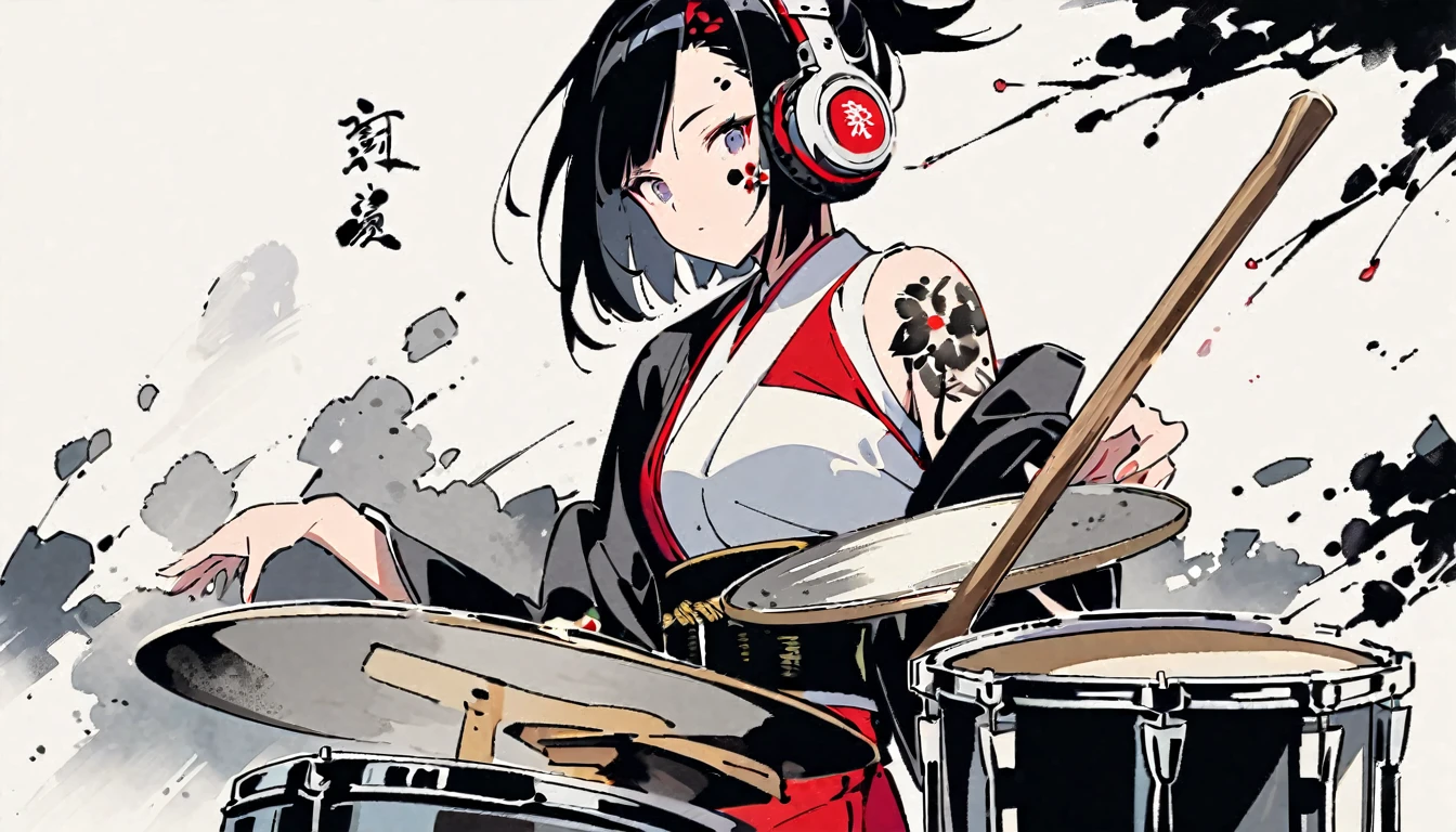 ((Ink Painting)), (((1 girl))), (((Tattoo on face))), Japanese style headphones, Japanese beautiful girl, Black Hair, drum, rock, band