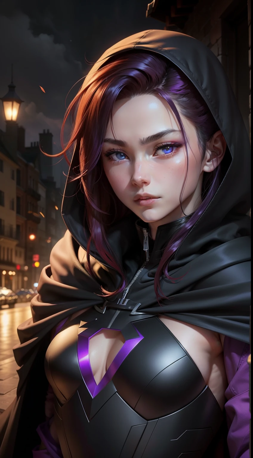 male people、purple cloak、wearing a hoodie、greeneyes、Red-black hair color、Full body lesbian、beautiful line art、Skin Highlights、extremely detailed eye、Lighting、digitial Lightingn、comic-book style、Perfect Anatomia、and souls、Icons、、assessing、omen、,4k resolution