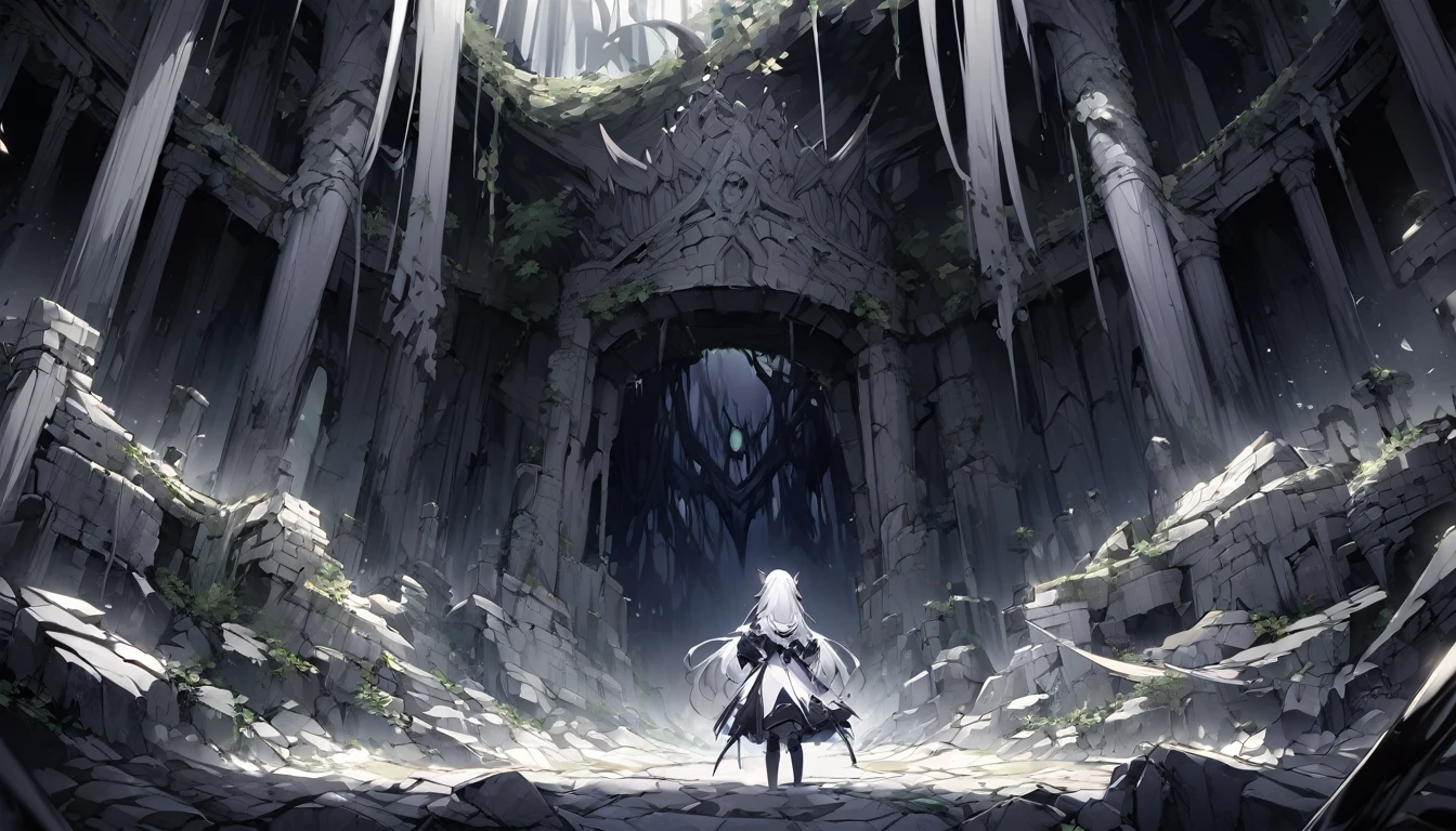 mysterious。White Hair Girl。Detailed Background。闇の力を操るWhite Hair Girlが、A scene surrounded by a dark aura。In the background is a dark forest and ancient ruins.。