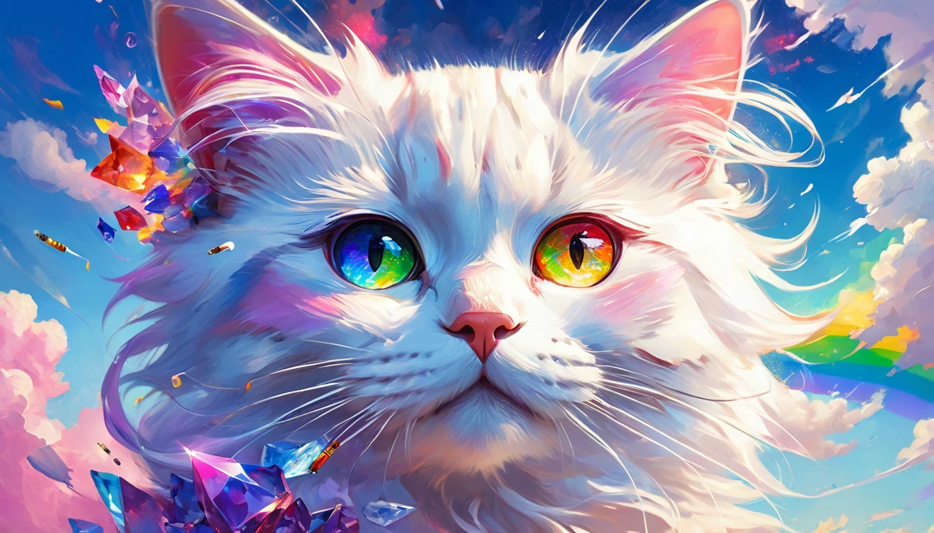 (((masterpiece))), ((Very detailed)), Cute abstract style, cigarette, In the sky, Colorful and vibrant, Mysterious colors, modern impressionism, Portrait of Yanjun Chen, Rainbow Perspective ,Low - Angle, Expanding Swirling Configuration, Big beautiful crystal eyes, Big Iris, 超High resolution, High resolution, 8k, The most beautiful portraits in the world, White little cat, Non-expressive, Color and shape, emotional expression, Imaginative