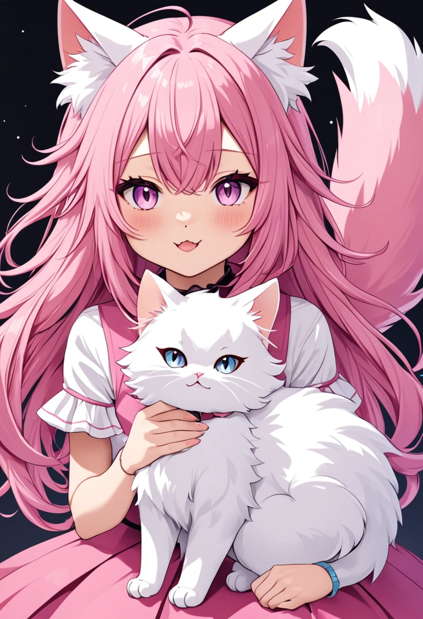 Anime girl with white cat and pink collar holding pink leash, POV furry art, anime cat, nekomimi, lick out, Licking tongue, shikamimi, Soft anime illustration, Furry art!!!, realistic anime cat, nyaruko-san, Furry anime, white fox anime, furry paw pov art, very very beautiful furry art --auto