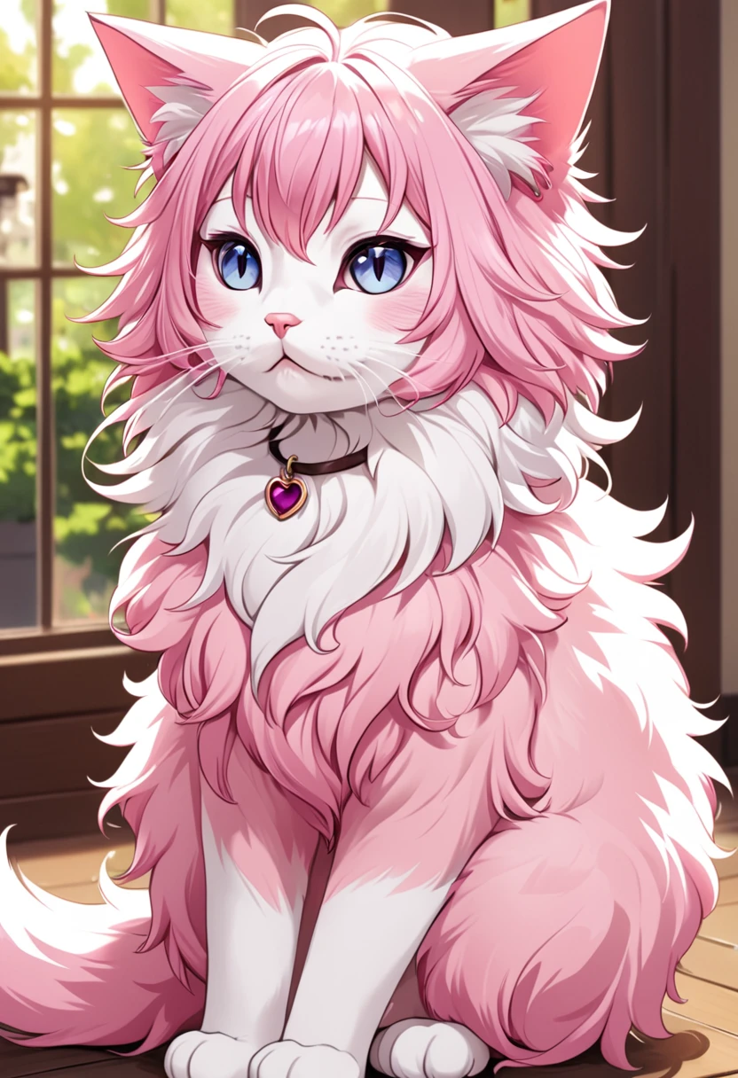 A half-human cat with pink hair and a very fluffy tail