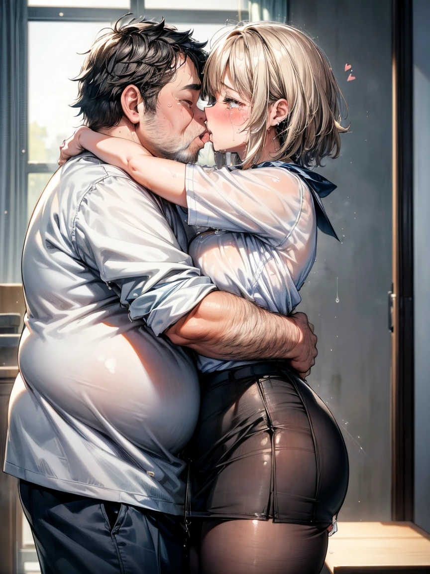 (girl, Fat middle-aged man:1.2), 破れたpantyhose、pantyhose、White shirt、Pencil Skirt、blush、(kiss)、(hug)、office、Very detailed、High Resolution度、4K、masterpiece、High Resolution、(tears:1.8)、(Clothes are see-through:1.2)、heart、(Side view)