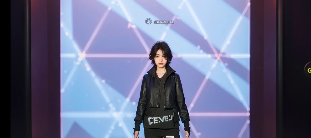 (tmasterpiece, best qualtiy, 1boys,)solo person,sportrait,RAW photogr,Best resolution,8k,lightand shade contrast,Short shaggy black and gray hair,Black eyebrows,Open pink jacket and black vest,Neon black style,Mechanical modification of limbechanical cervical attachment to the neck,filmgrain, color difference,Light and shadow obscure the face,Sharp focus, Dynamic Lighting, cinmatic lighting,Blue and purple edge lights,Real photography photos,cyberpunk scene,shadowing,very complex details, realistic raytraicing,facing at the camera, neon light detail,