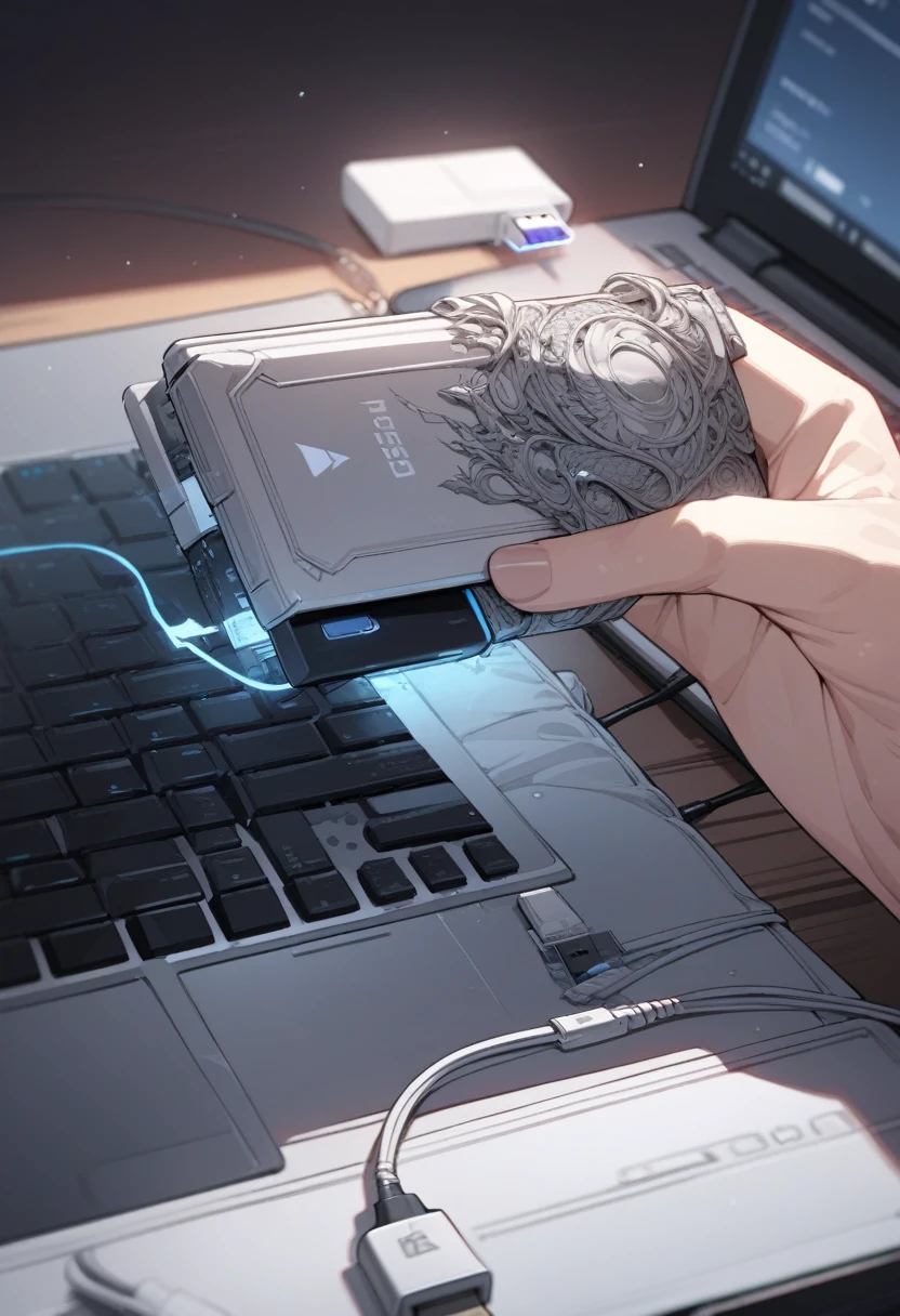 ((background only)),masterpiece, best quality, extremely detailed, ultra detailed, flat anime, 2D,Plug the USB flash drive into the side of the laptop computer