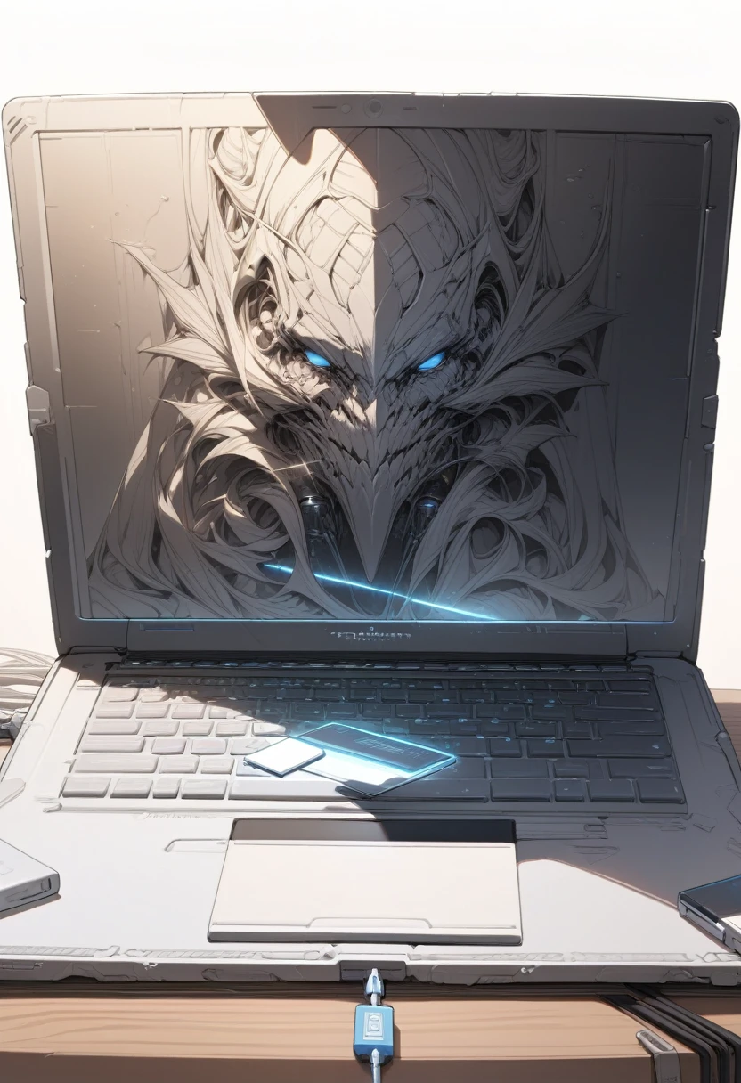 ((background only)),masterpiece, best quality, extremely detailed, ultra detailed, flat anime, 2D,Plug the USB flash drive into the side of the laptop computer