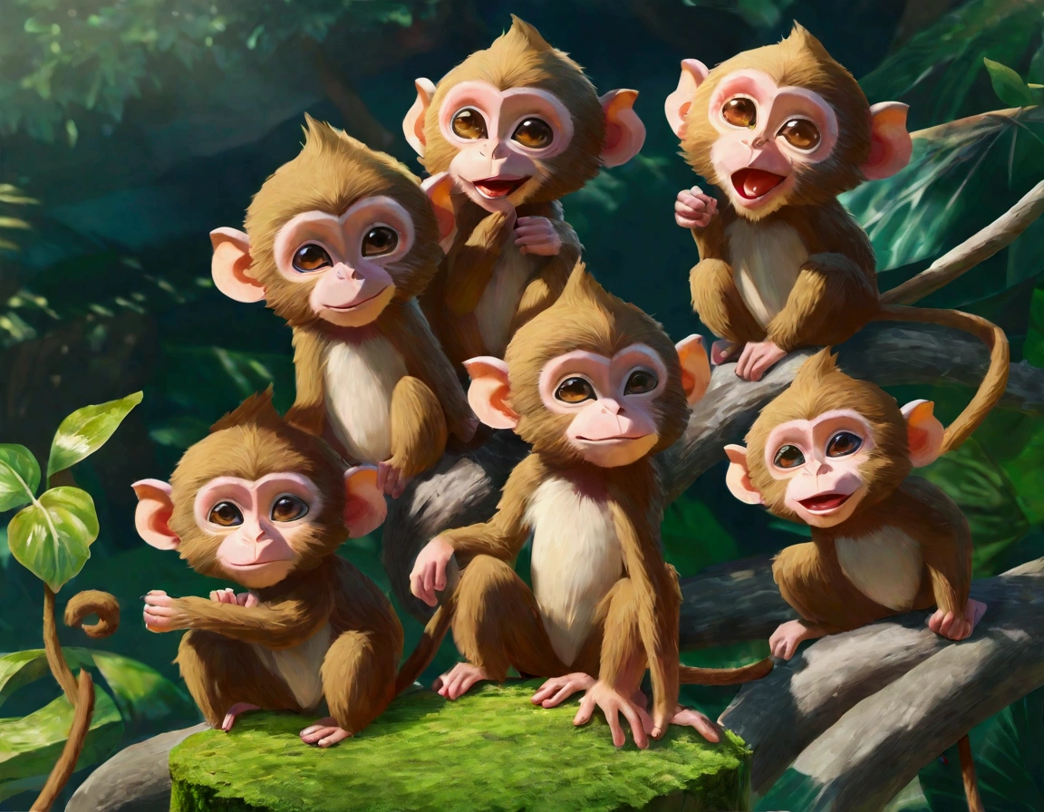 A group of little cute monkeys,mischievous monkeys,playful monkeys,monkey antics,cheeky monkeys,jungle camp,outdoor camp,food sack,scientists away,comedic,humorous,comical,slapstick,cute,fluffy,adorable,high quality,8k,detailed,vibrant colors,natural lighting,lush greenery,photorealistic