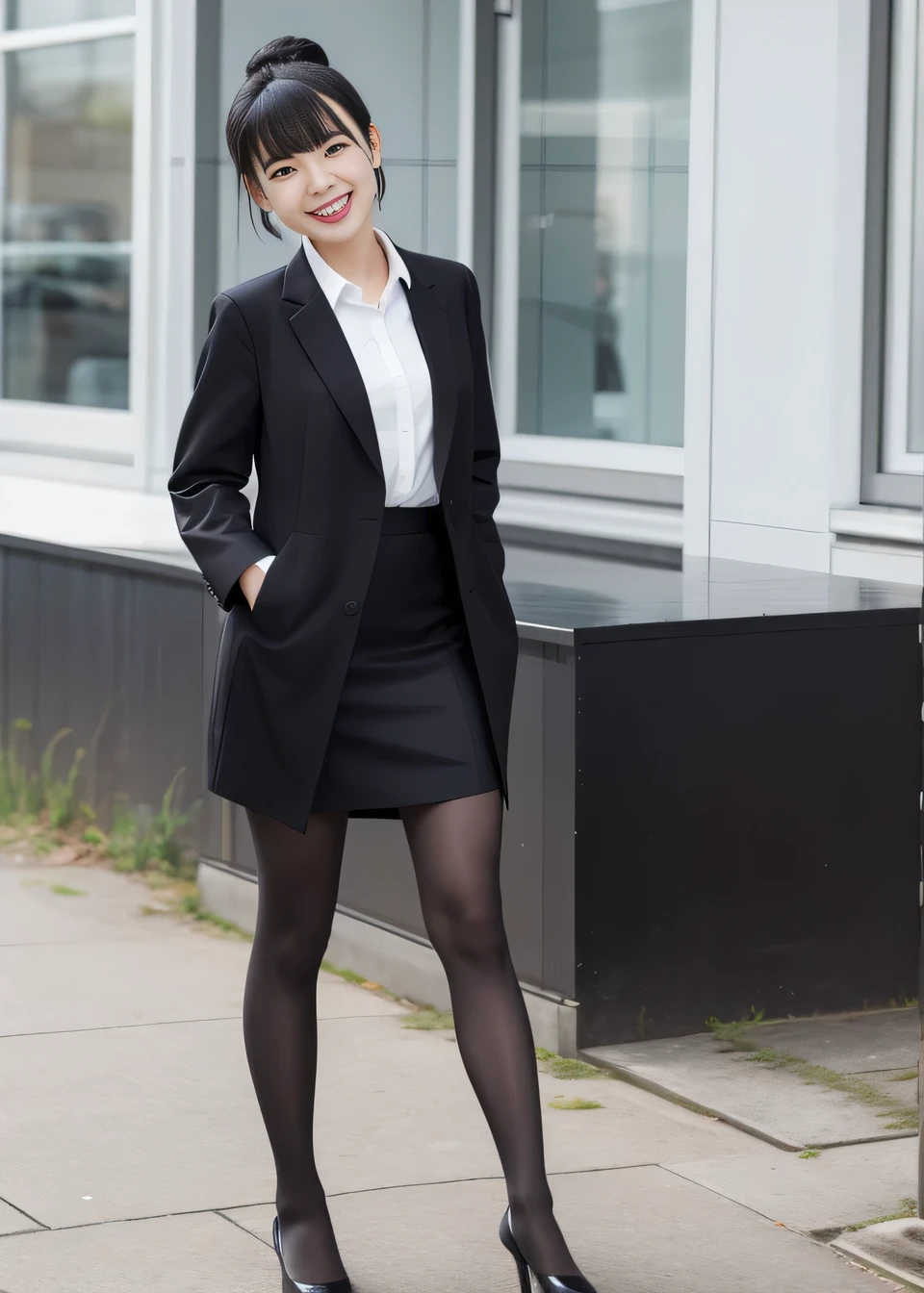 Highest quality, Photorealistic,、Clear Beauty、(Full body photo)、Outdoor,、Black Hair、Ear piercing、smile、Beautiful teeth alignment、 Black suit, Are standing, Jacket, Knee-length skirt、tights、, pumps, Task in Progress50%