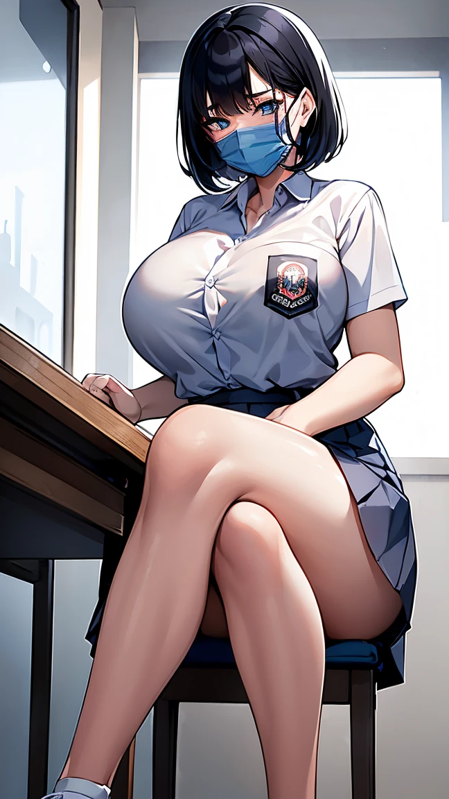 1 woman, ************, (Korean Wolf Cut haircut, black hair), scared face expression, plump body, blue eyes, Indonesian high-school uniform, (wearing transparent white shirt, showing bra), osis logo on shirt pocket, huge XL breasts, light-grey pleated skirt, sitting on a chair, seductive pose, full body shot, wear a mask, surgical mask fit his face, in the classroom,